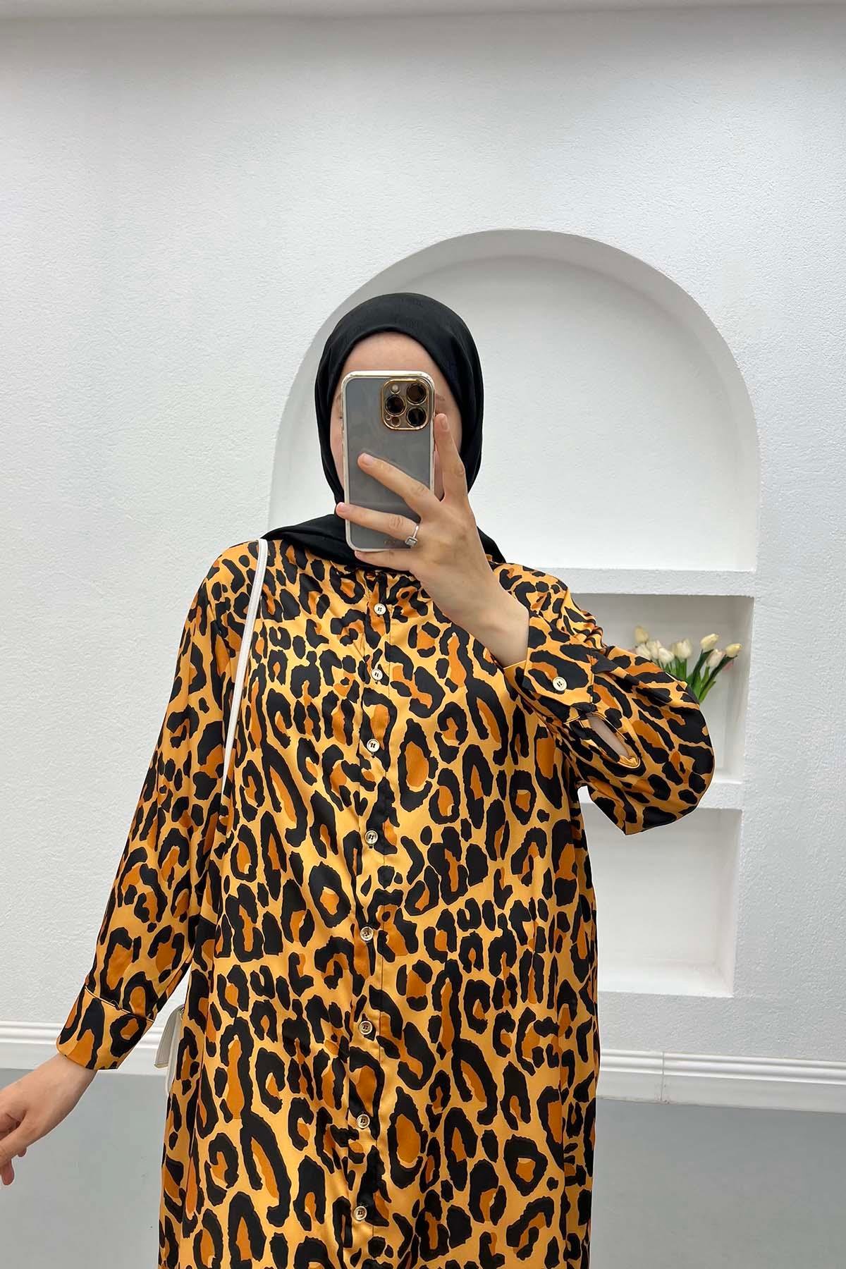 Leoparlı Saten Elbise Siyah