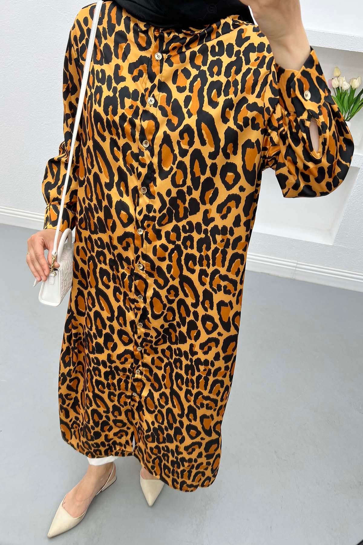 Leoparlı Saten Elbise Siyah