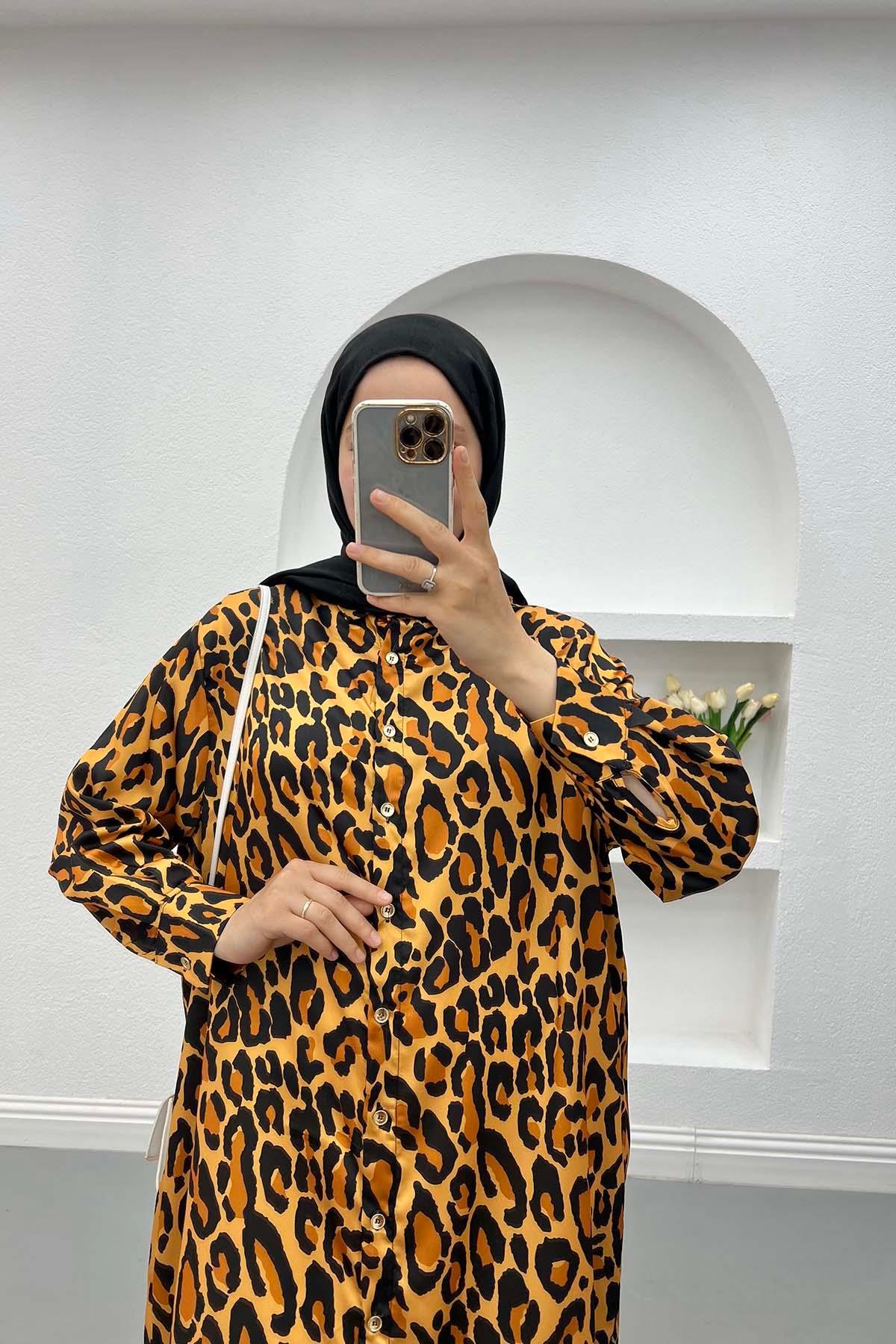 Leoparlı Saten Elbise Siyah
