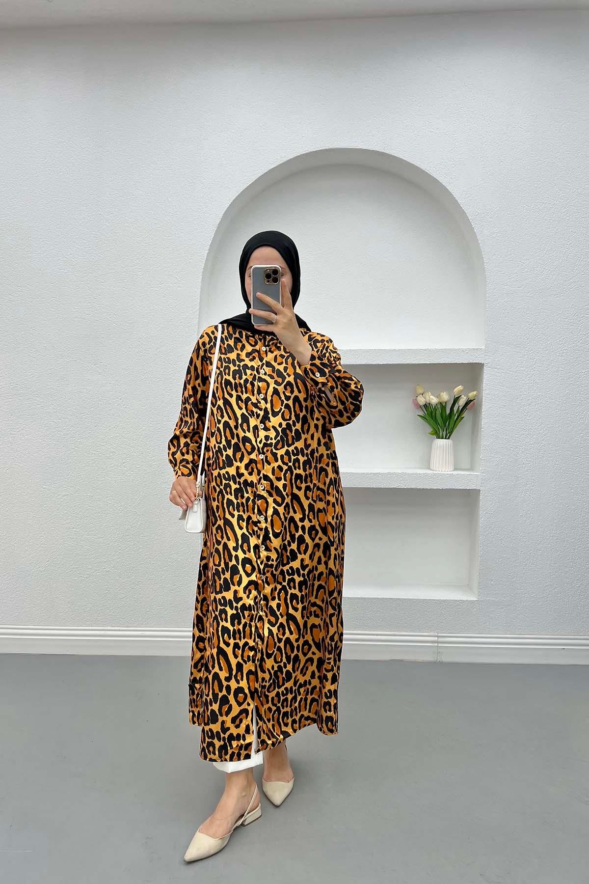Leoparlı Saten Elbise Siyah