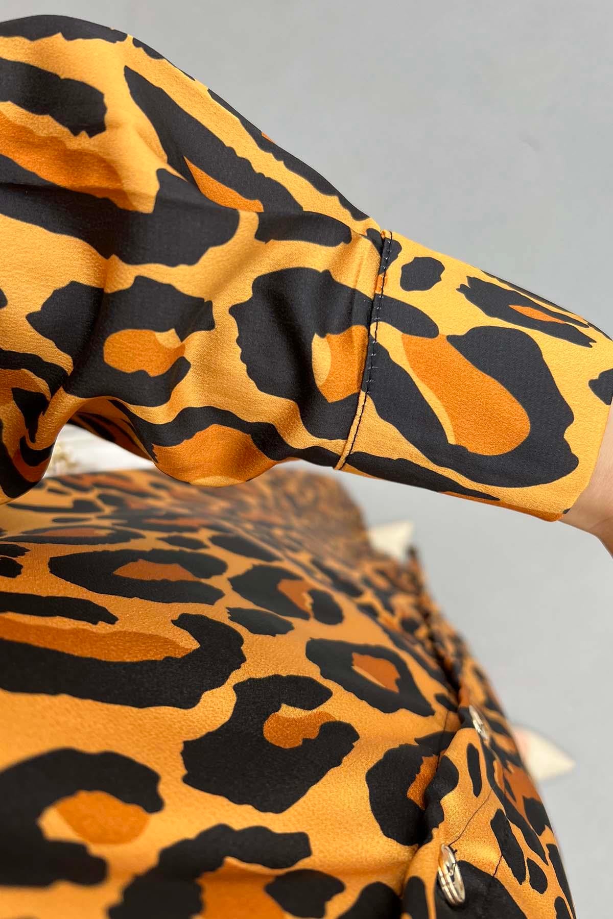 Leoparlı Saten Elbise Siyah