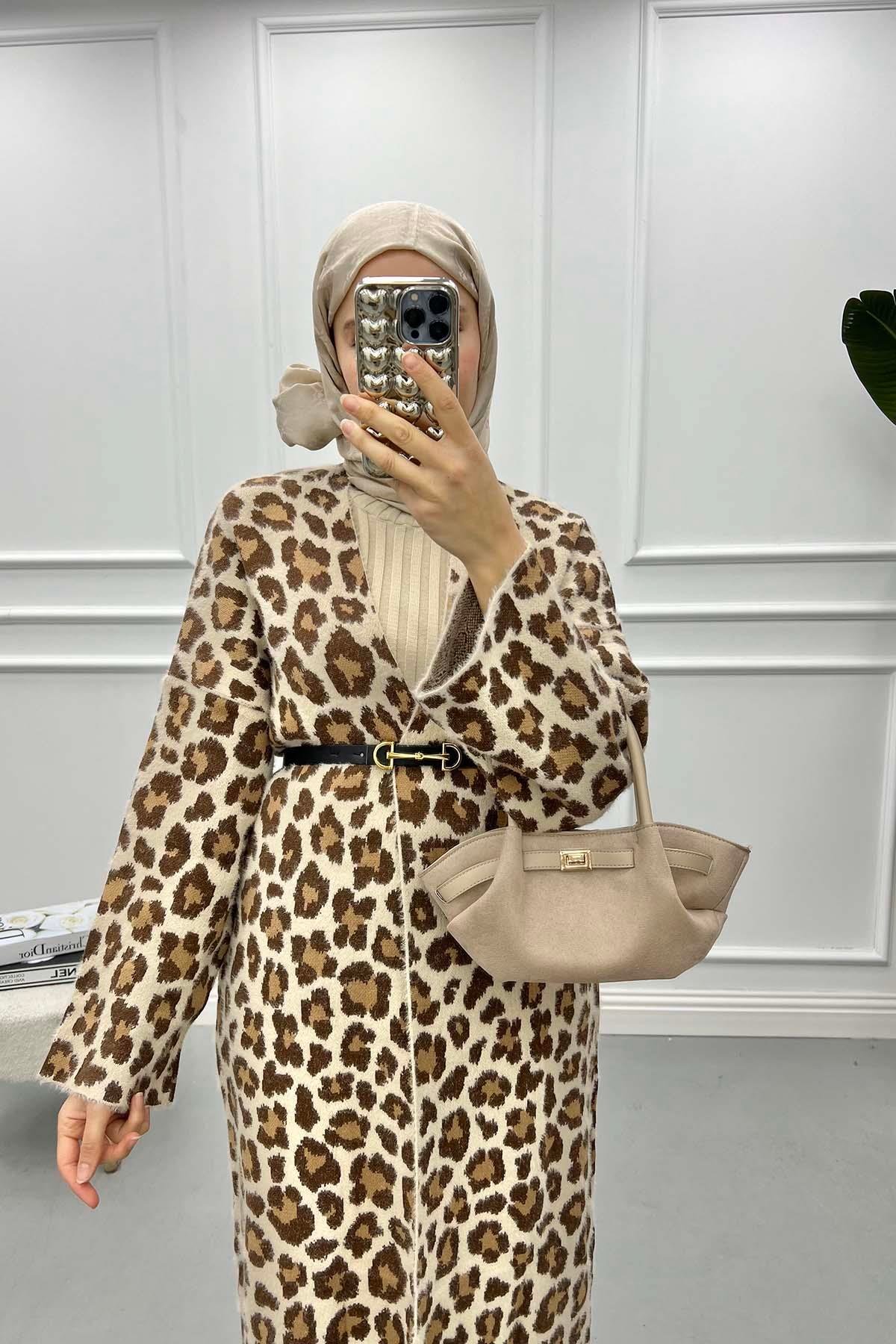 Leoparlı Uzun Hırka Bej