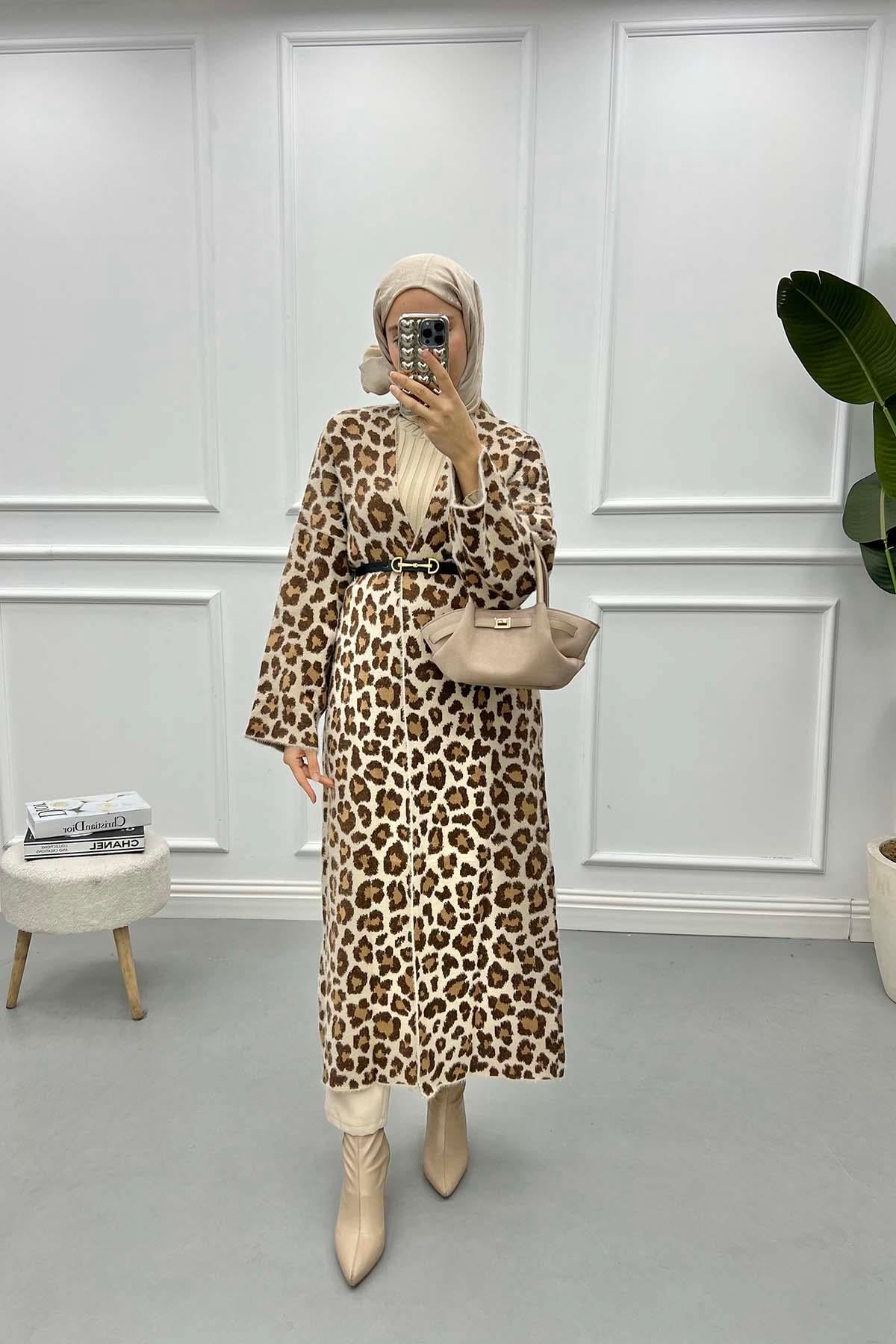 Leoparlı Uzun Hırka Bej