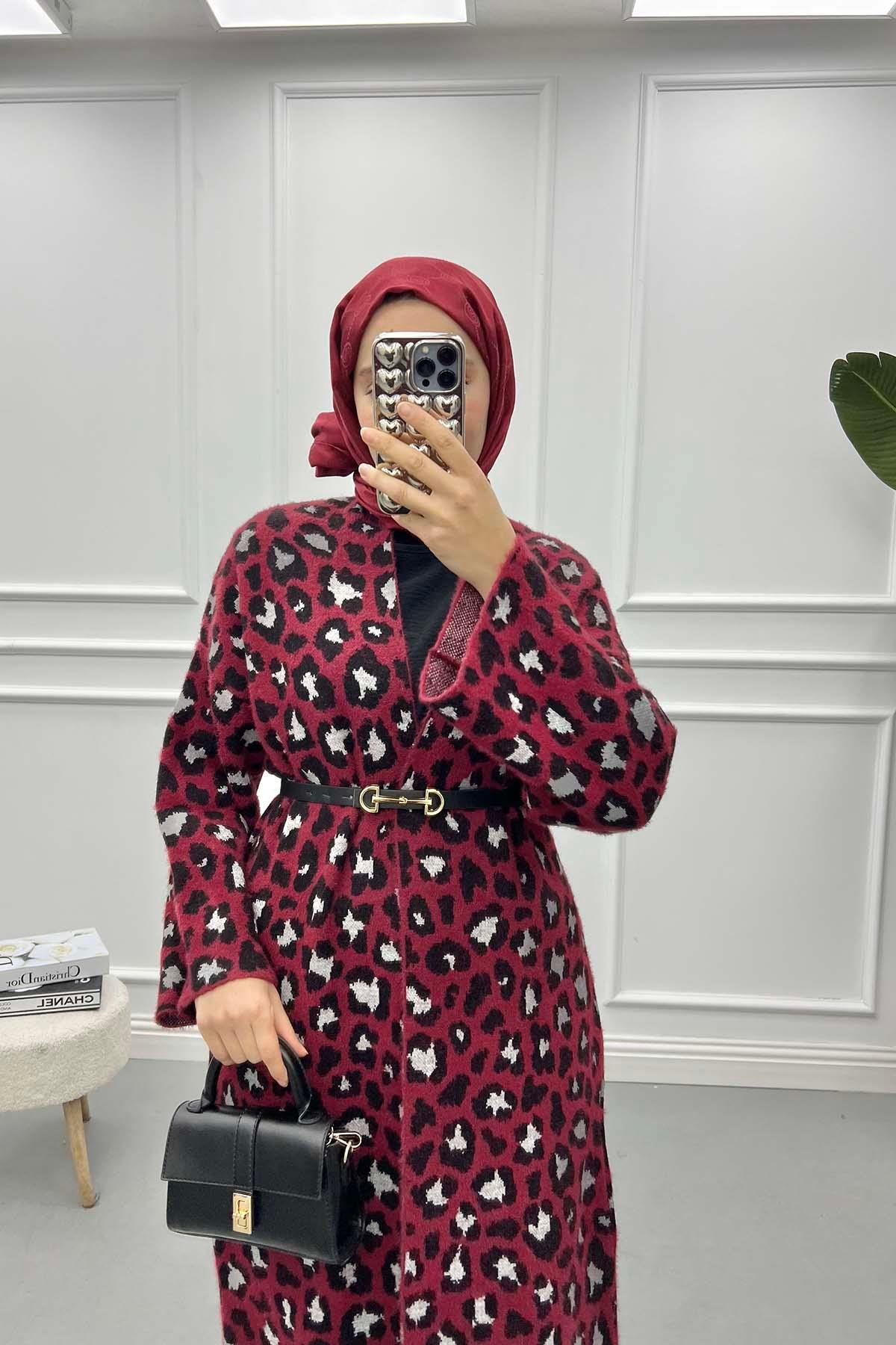 Leoparlı Uzun Hırka Bordo