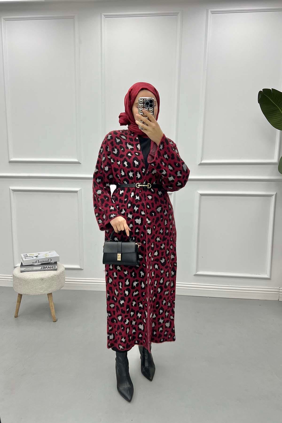 Leoparlı Uzun Hırka Bordo