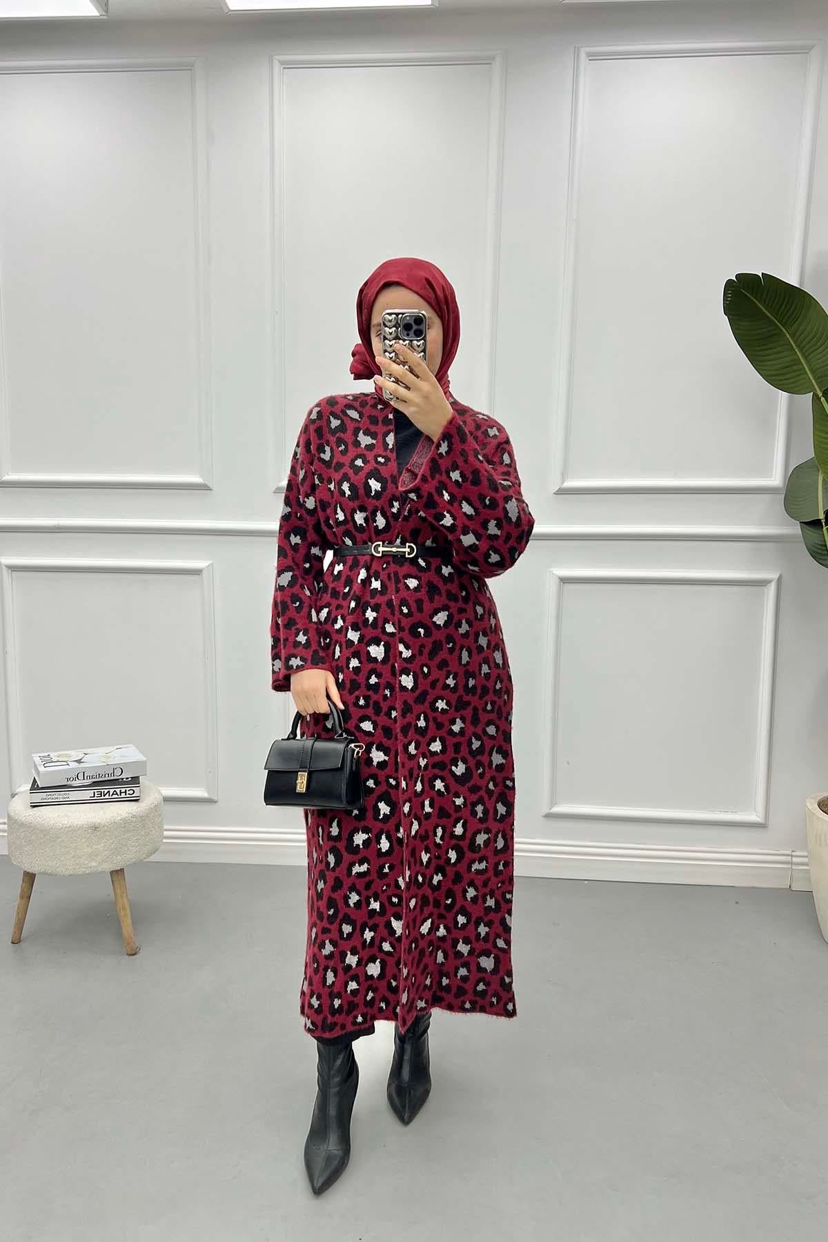 Leoparlı Uzun Hırka Bordo