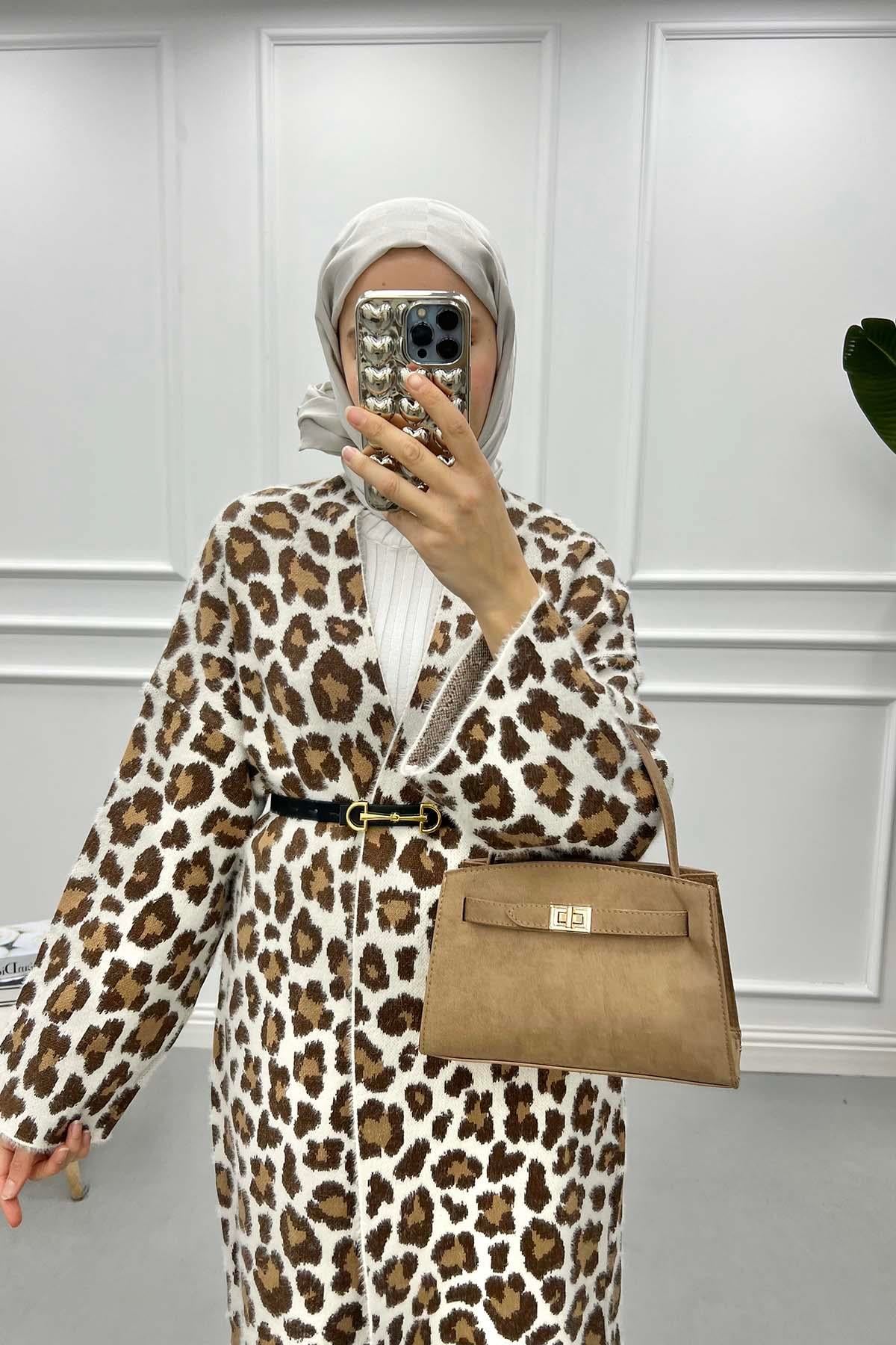 Leoparlı Uzun Hırka Krem