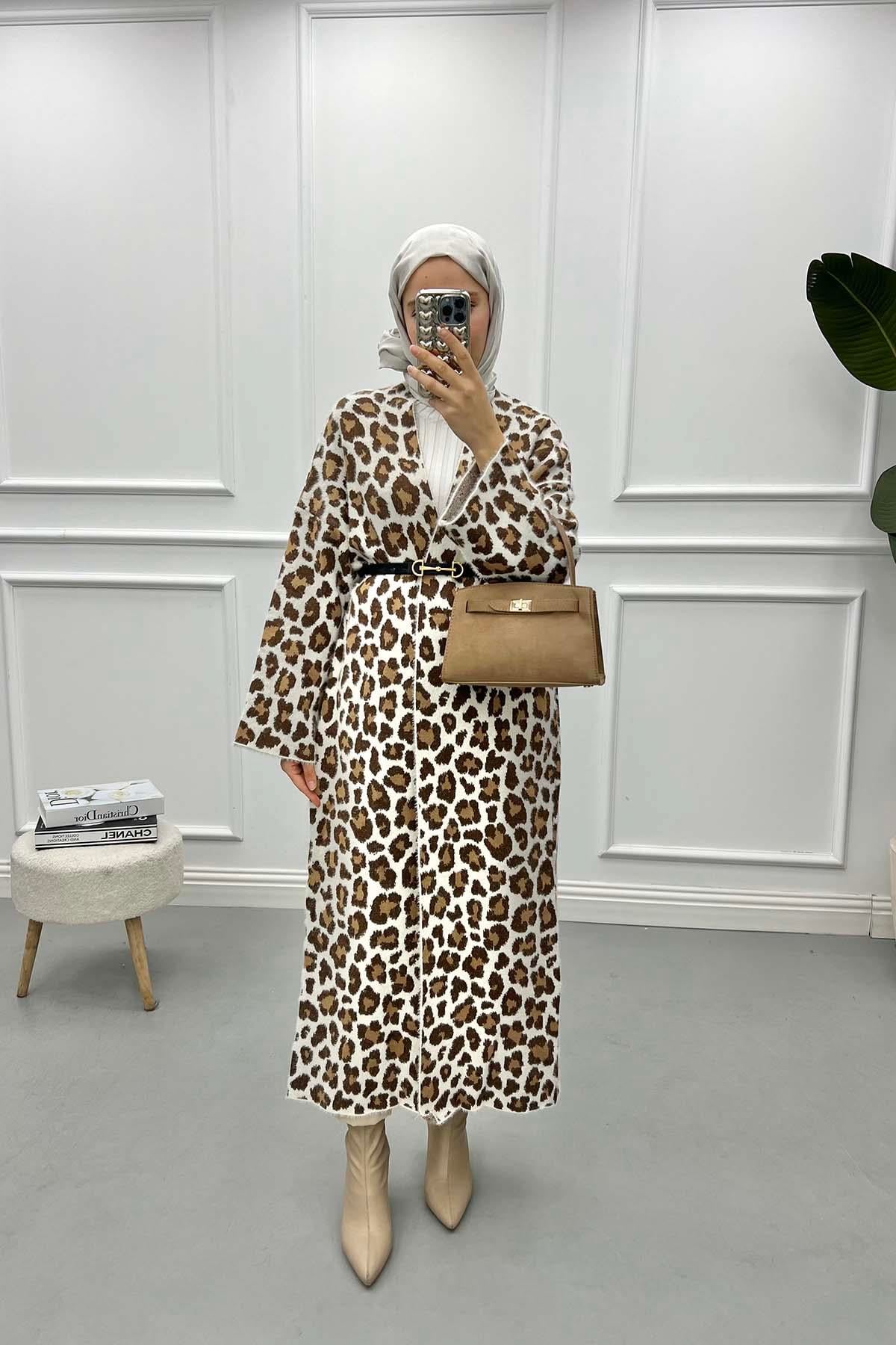 Leoparlı Uzun Hırka Krem