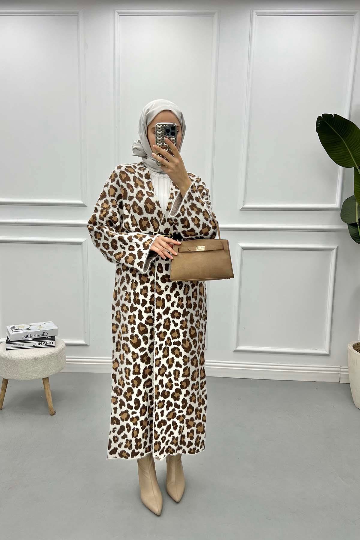 Leoparlı Uzun Hırka Krem
