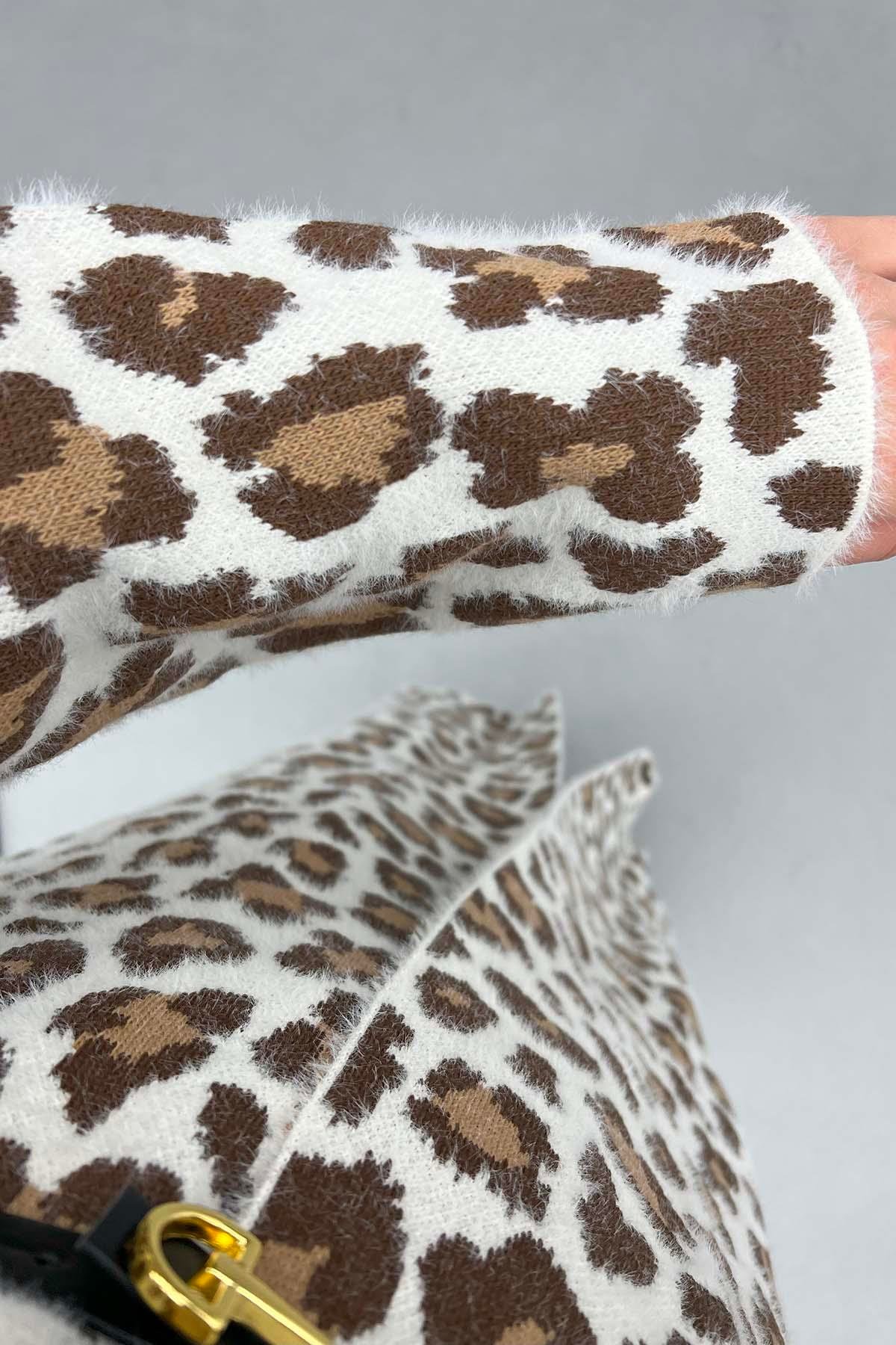 Leoparlı Uzun Hırka Krem