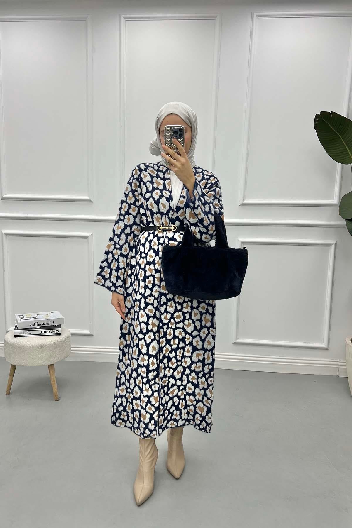 Leoparlı Uzun Hırka Lacivert