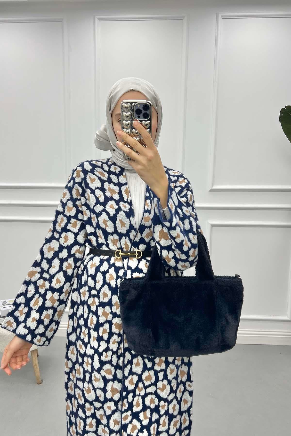 Leoparlı Uzun Hırka Lacivert