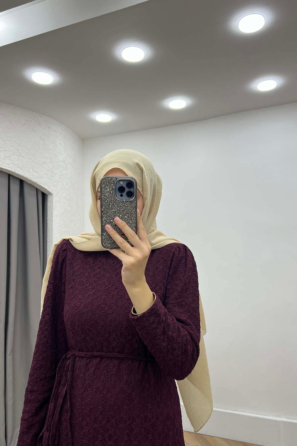Lidya Zarif Kuşaklı Tül Elbise Bordo