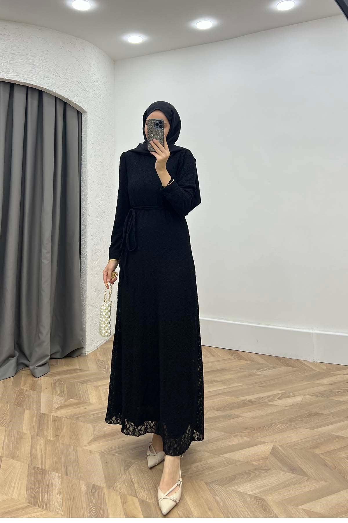 Lidya Zarif Kuşaklı Tül Elbise Siyah