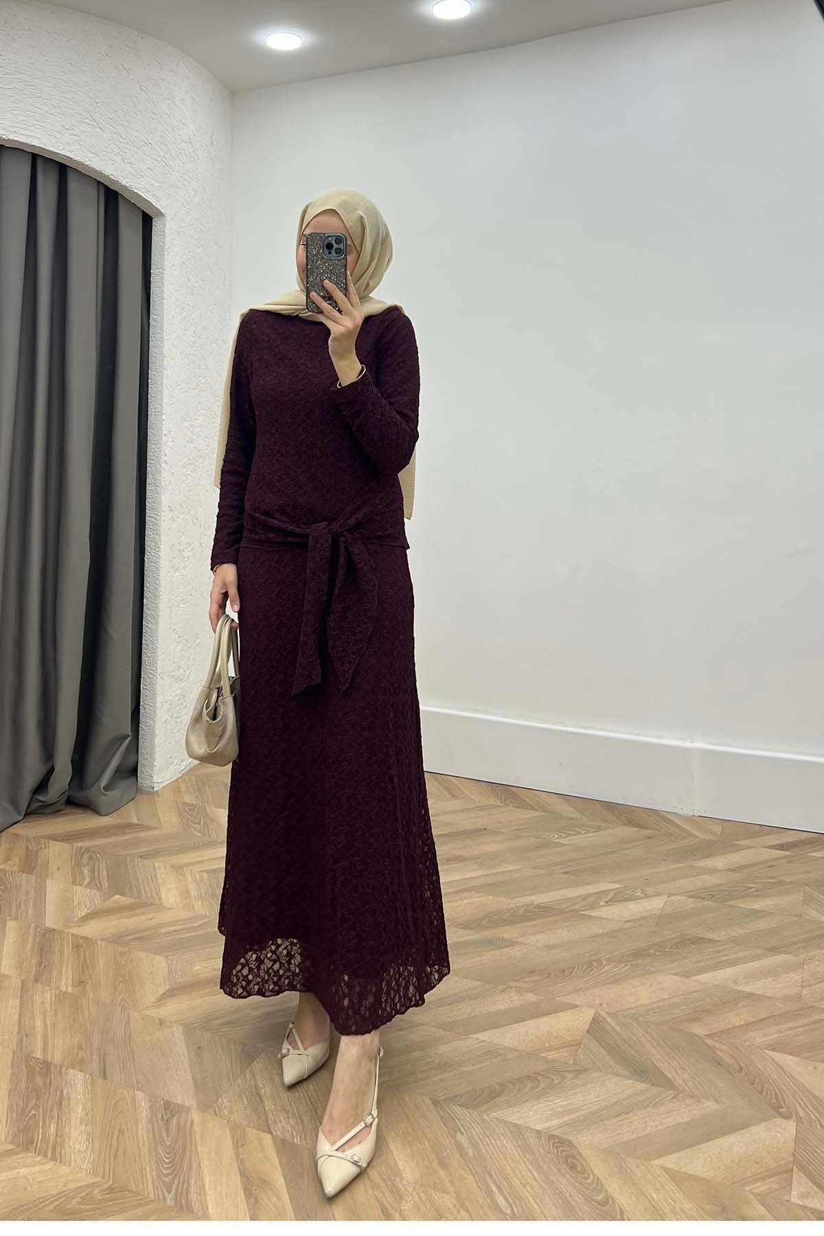 Lina Beli Bağlamalı İkili Dantel Takım Bordo
