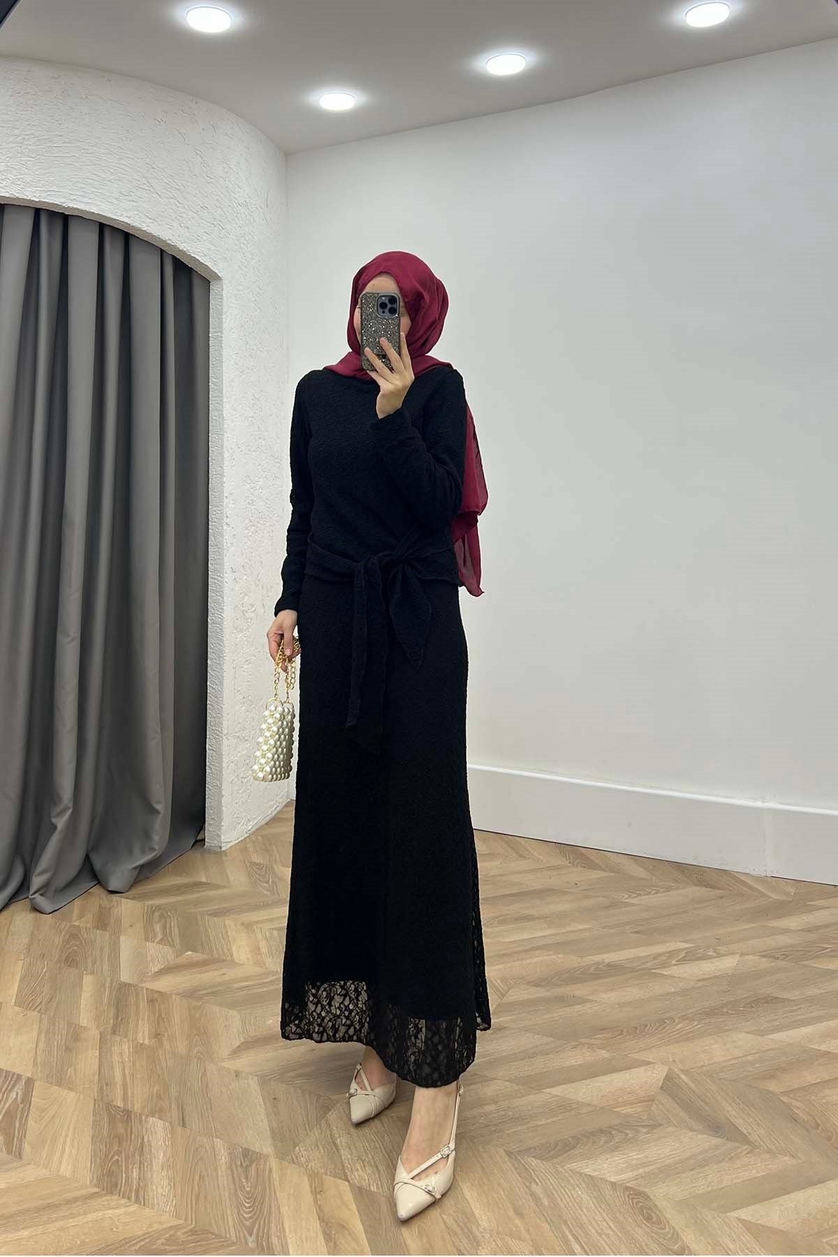 Lina Beli Bağlamalı İkili Dantel Takım Siyah