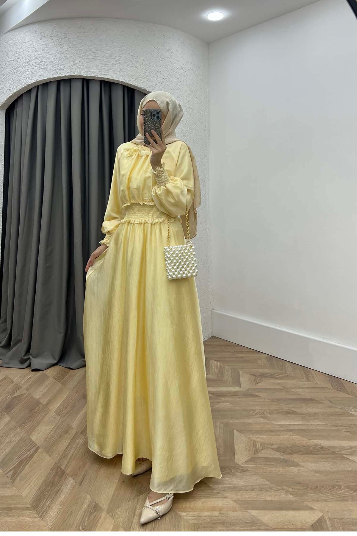 Lina Beli Gipeli Çiçek Detaylı Elbise Sarı
