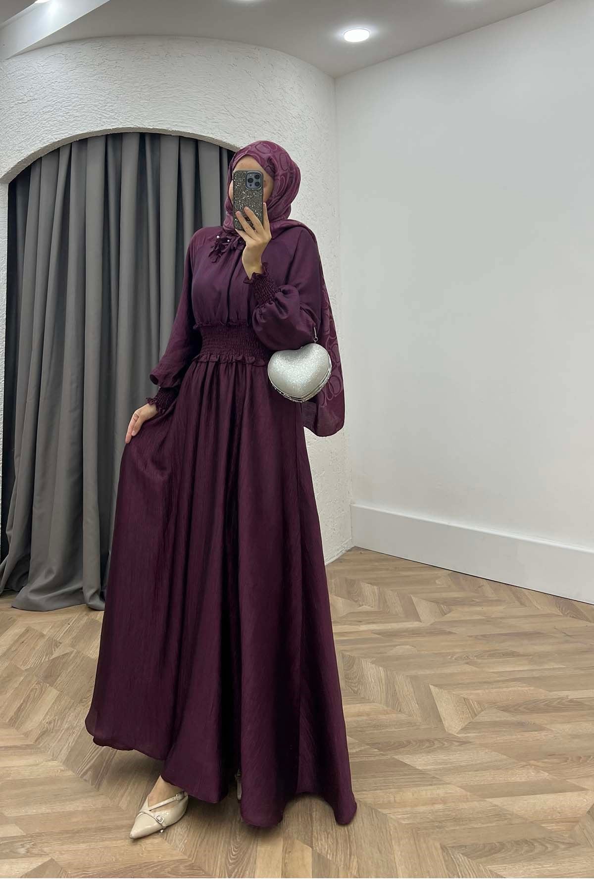 Lina Beli Gipeli Çiçek Detaylı Elbise Mürdüm