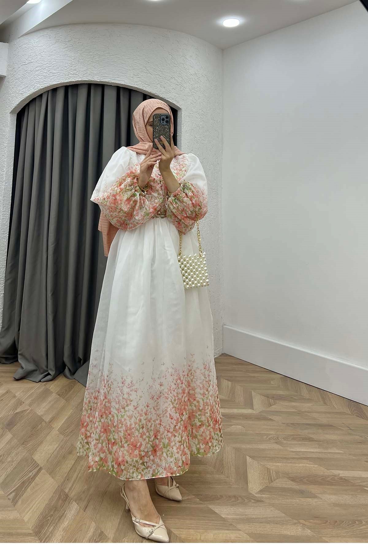 Lina Çiçek Desenli Fırfır Yakalı Maxi Elbise Beyaz