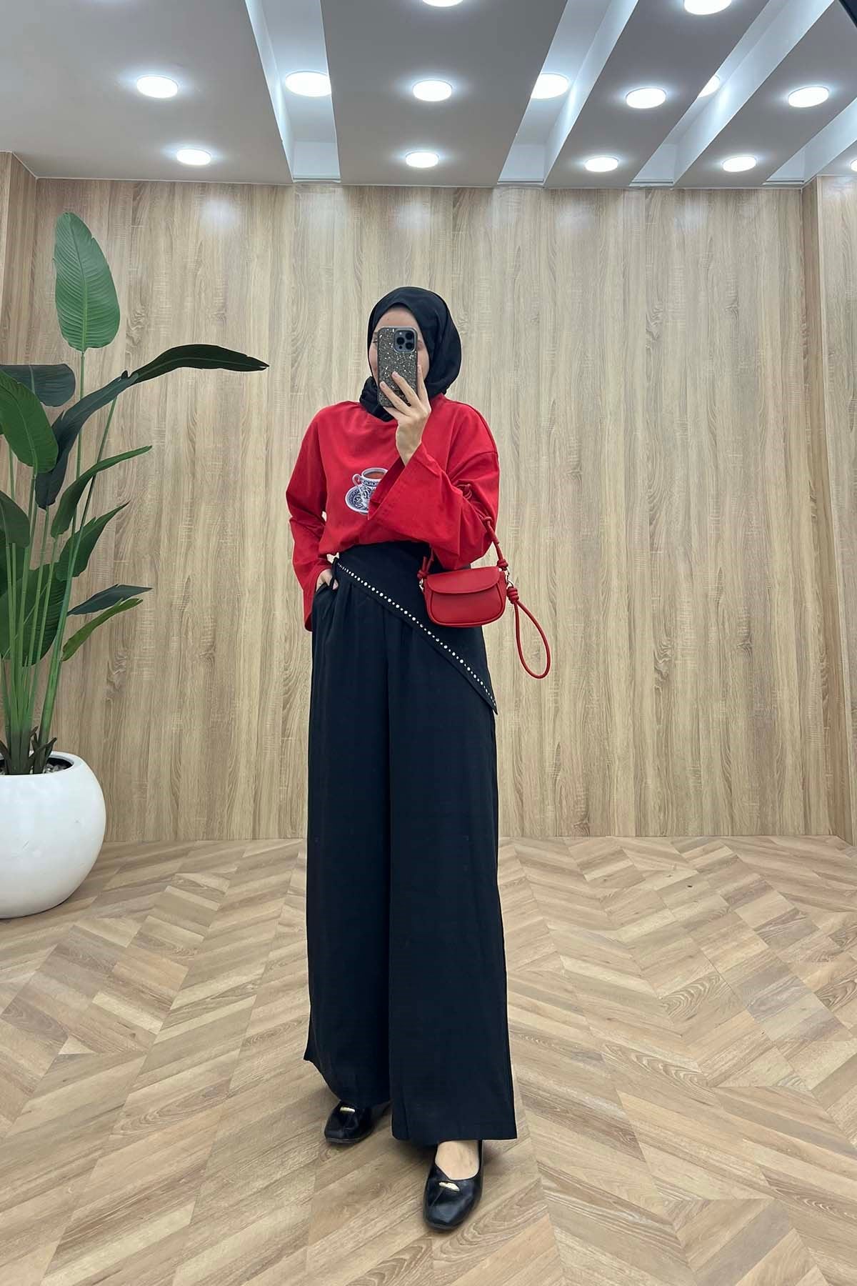 Lina Minimalist Belden Taşlı Fular Detaylı Pantolon Siyah