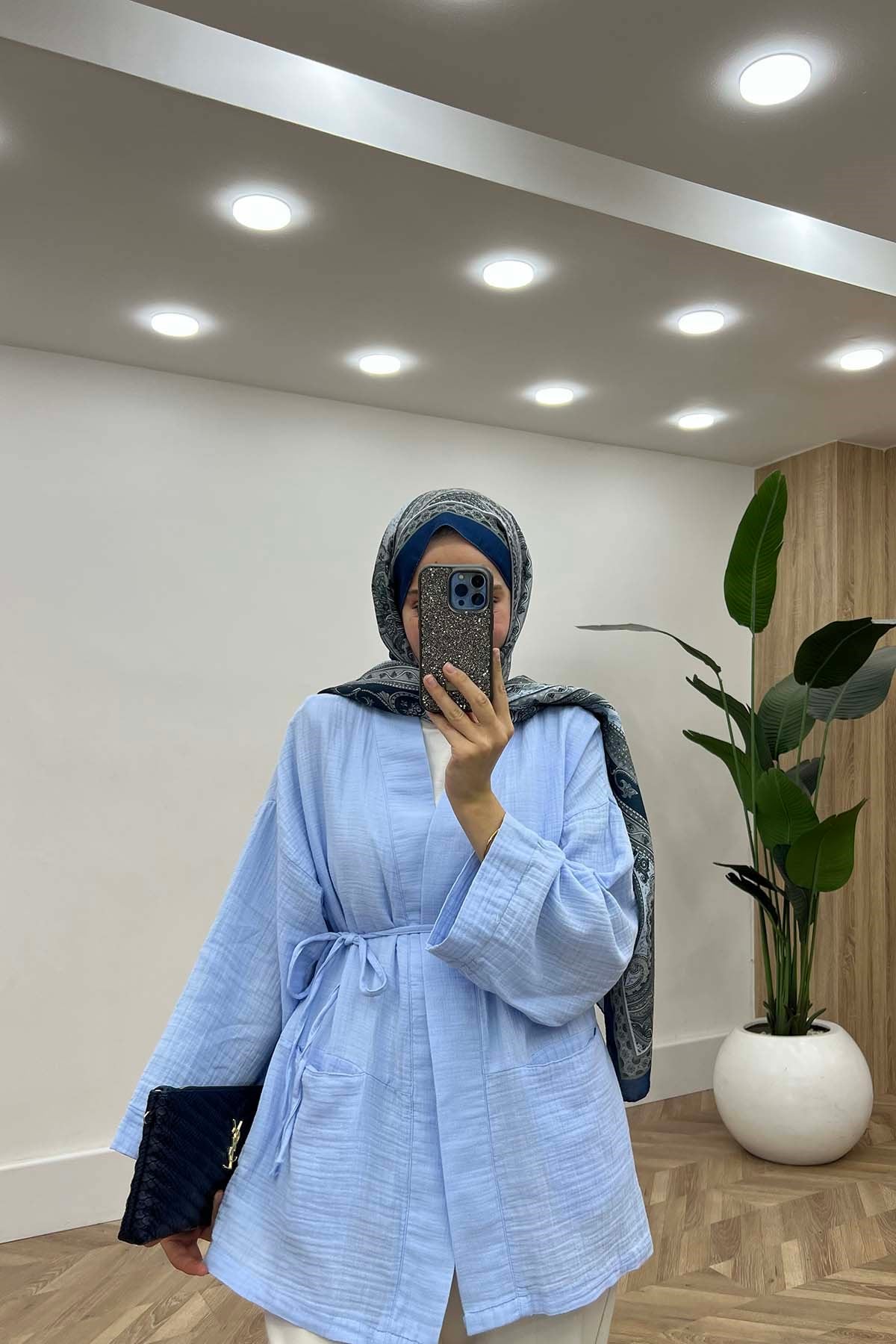 Lina Modern Kesim Belden Bağlamalı Tunik Bebe Mavi