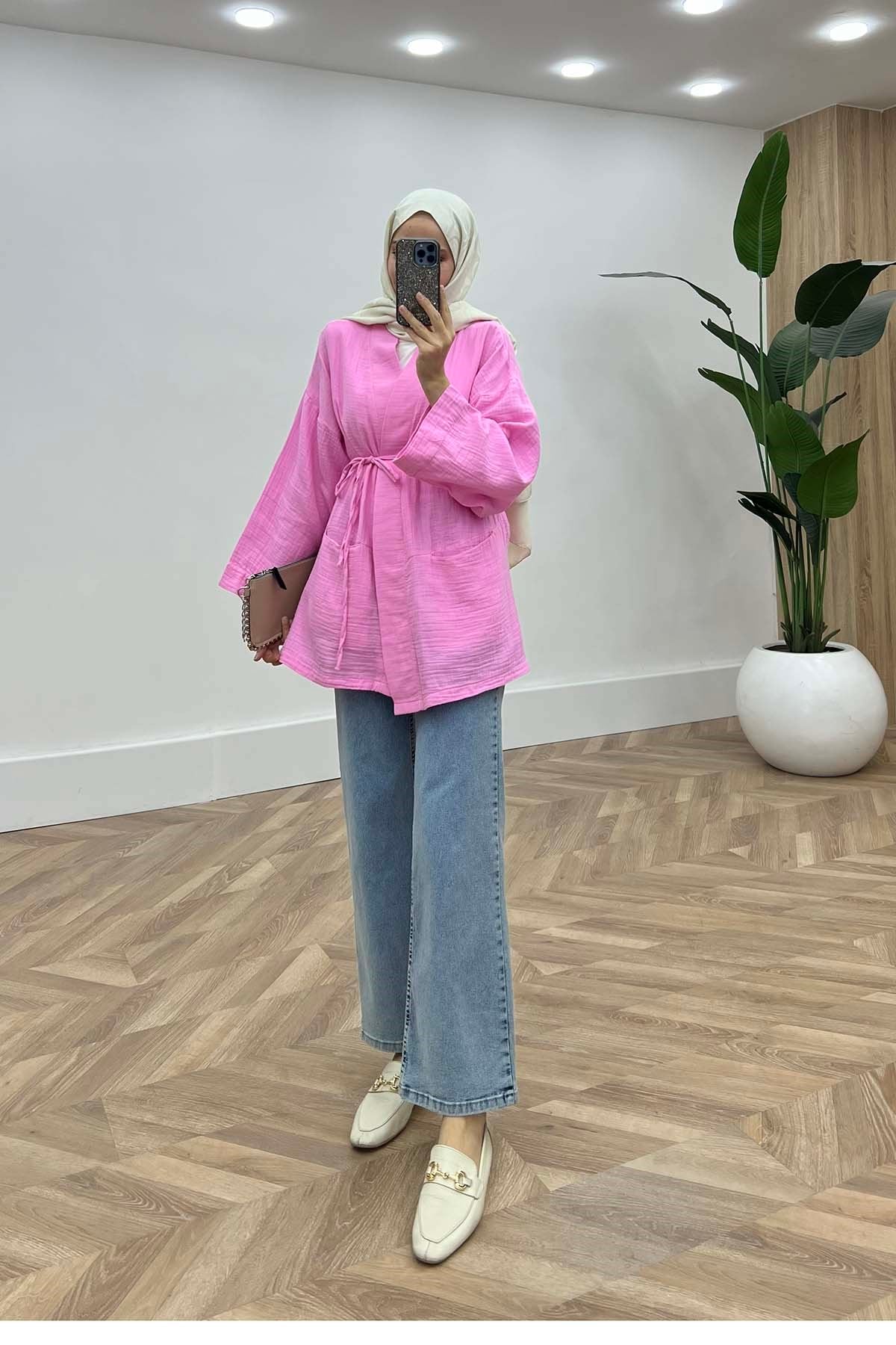 Lina Modern Kesim Belden Bağlamalı Tunik Pembe