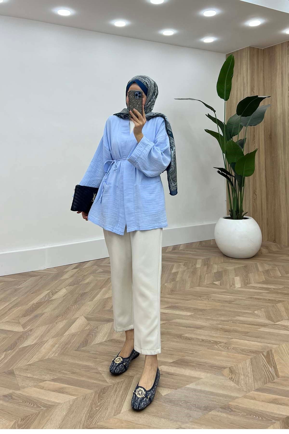 Lina Modern Kesim Belden Bağlamalı Tunik Bebe Mavi