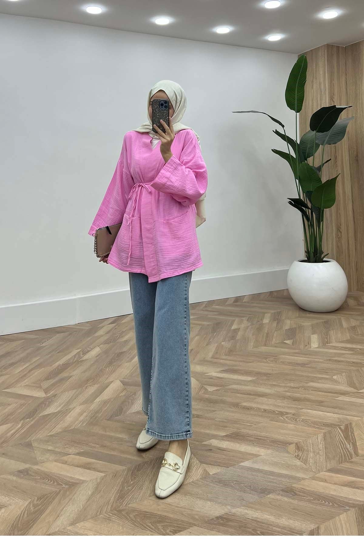 Lina Modern Kesim Belden Bağlamalı Tunik Pembe