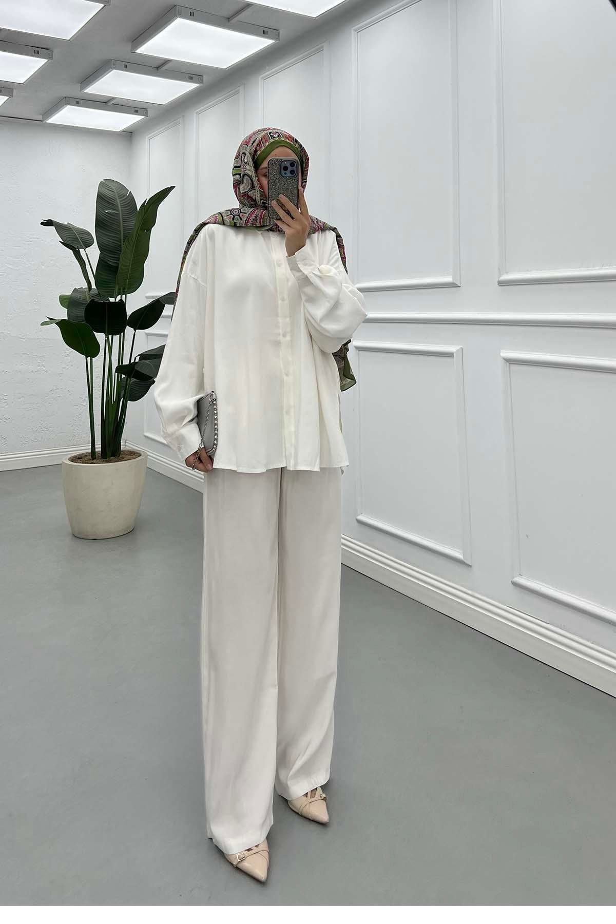 Linen Breeze Düşük Omuzlu  Salaş Takım Beyaz