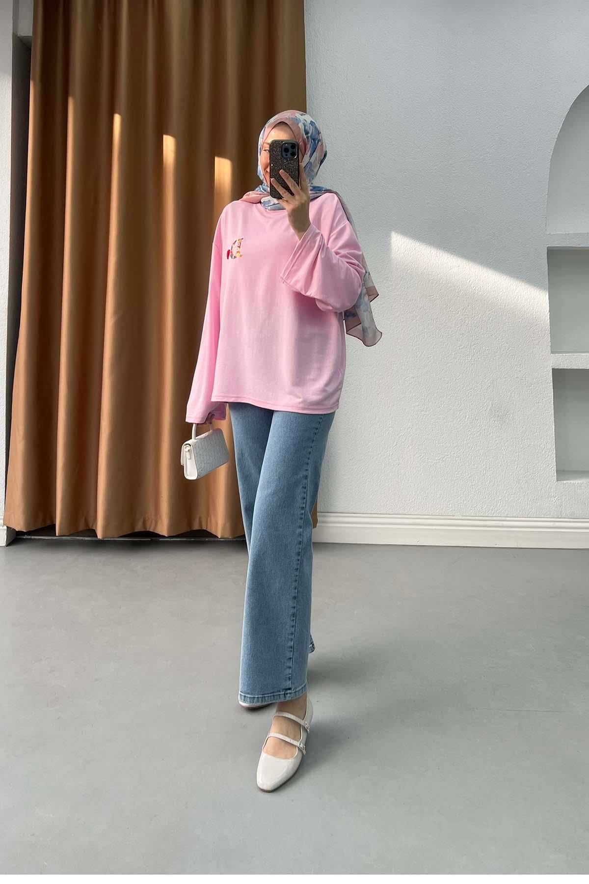 Love &  Letter Nakışlı Oversize Sweatshirt Pembe