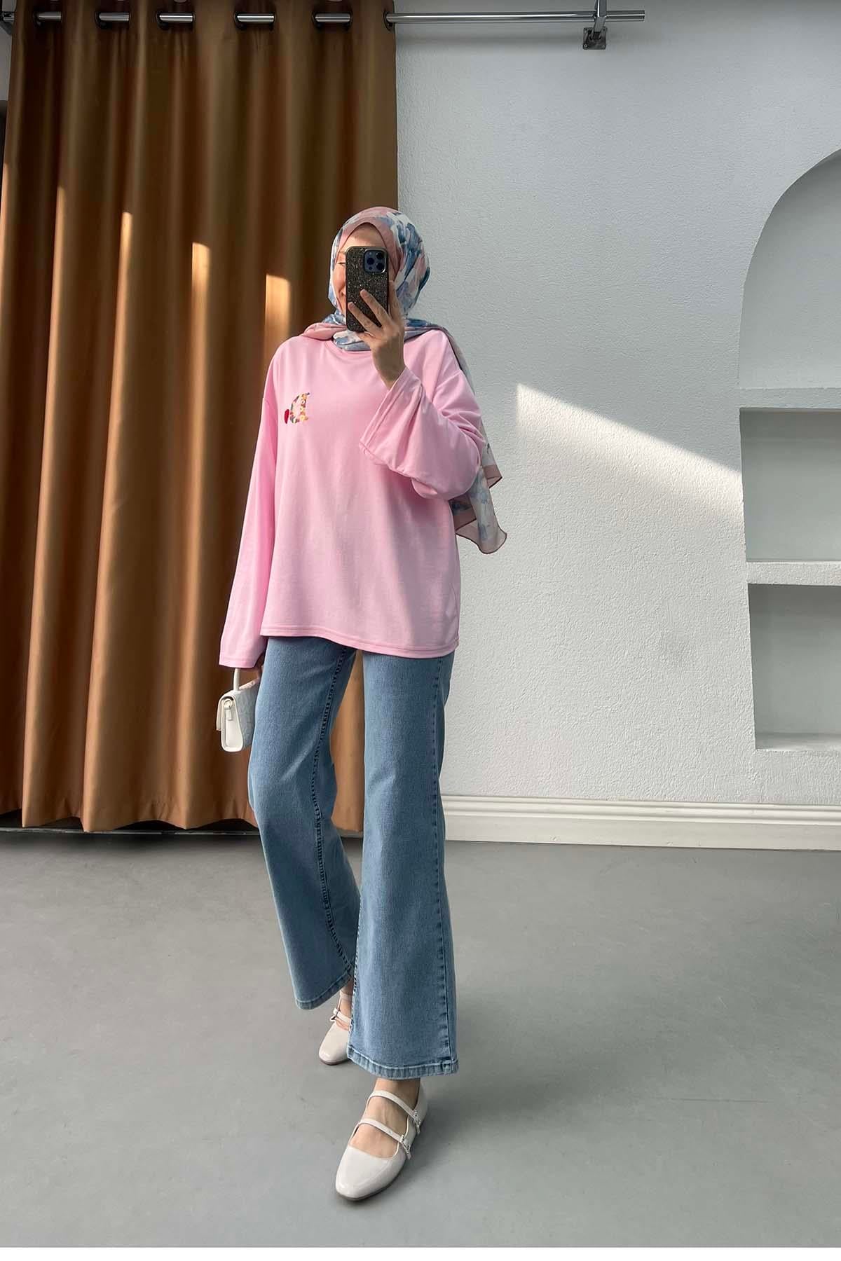 Love &  Letter Nakışlı Oversize Sweatshirt Pembe