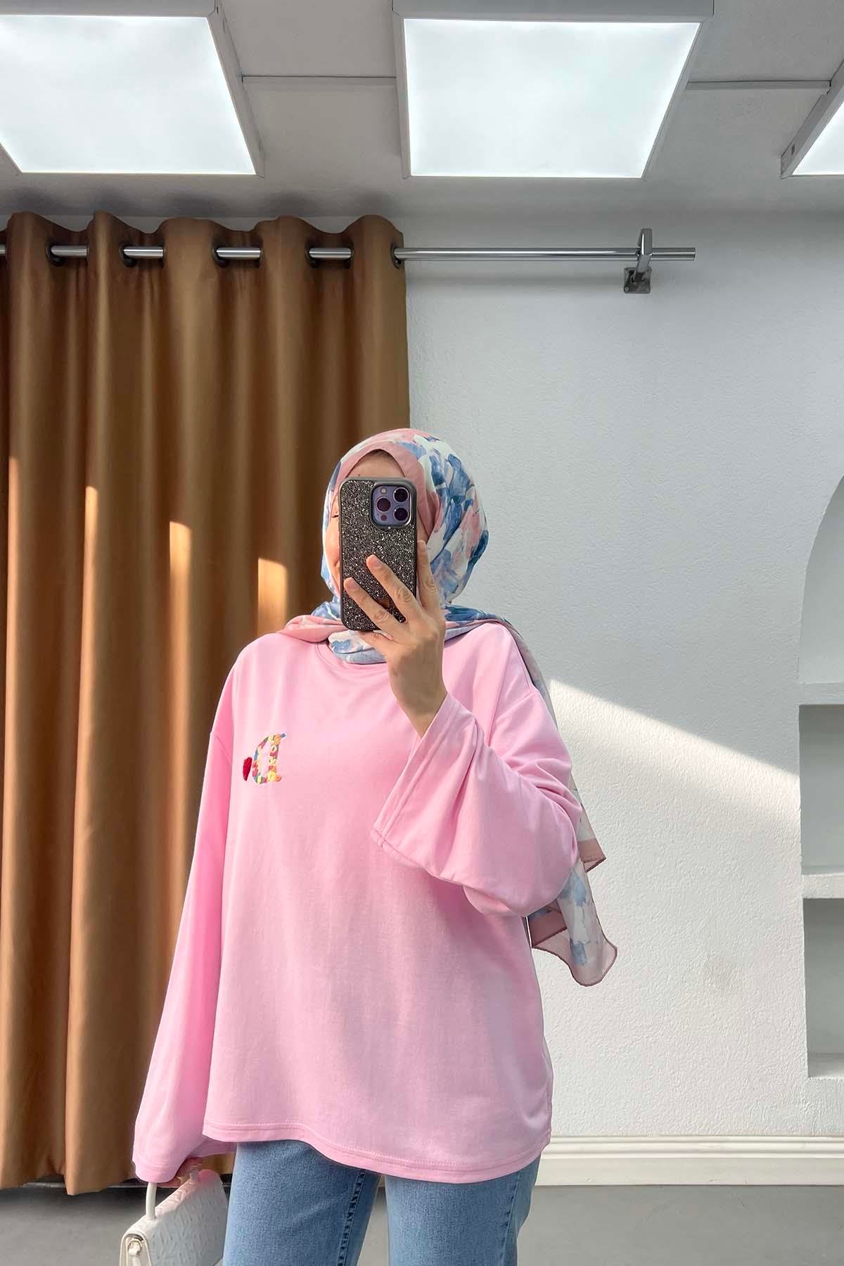 Love &  Letter Nakışlı Oversize Sweatshirt Pembe