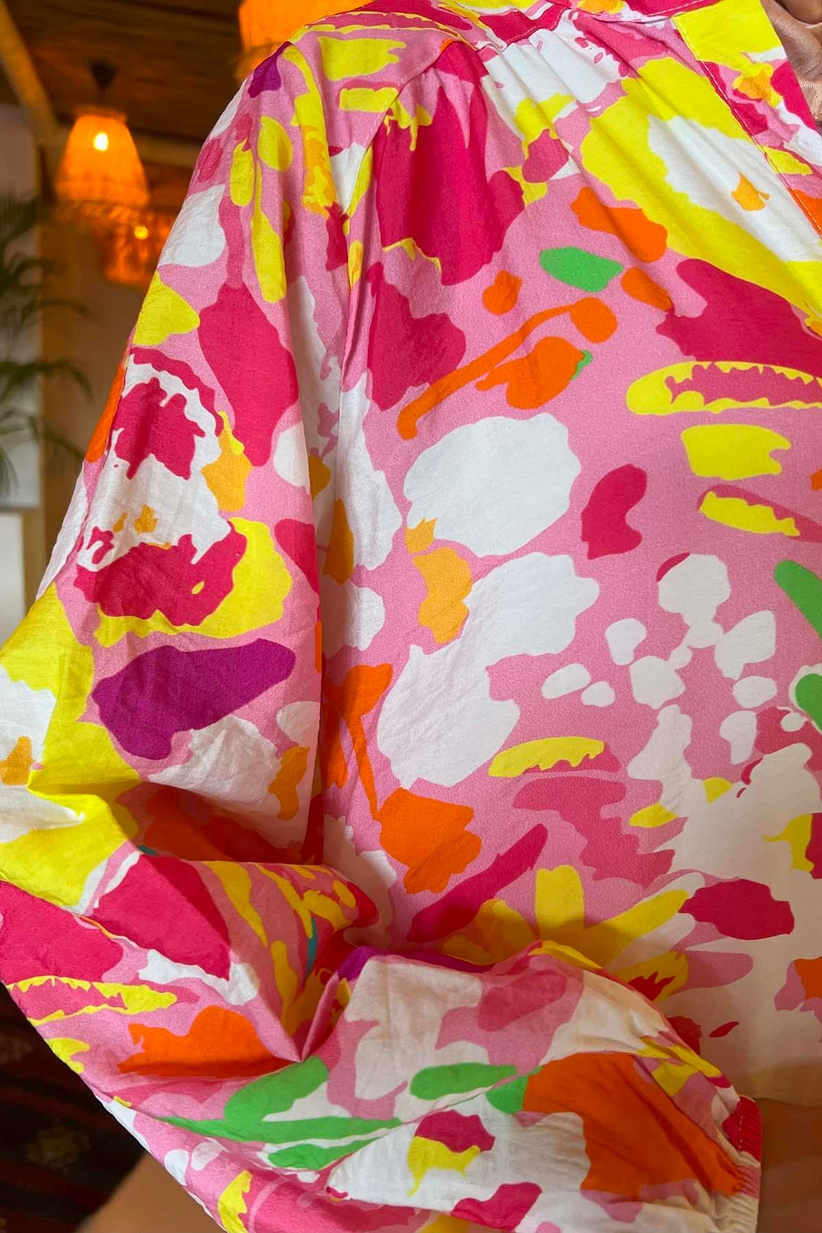 Mango Desen Viskon Elbise Pembe