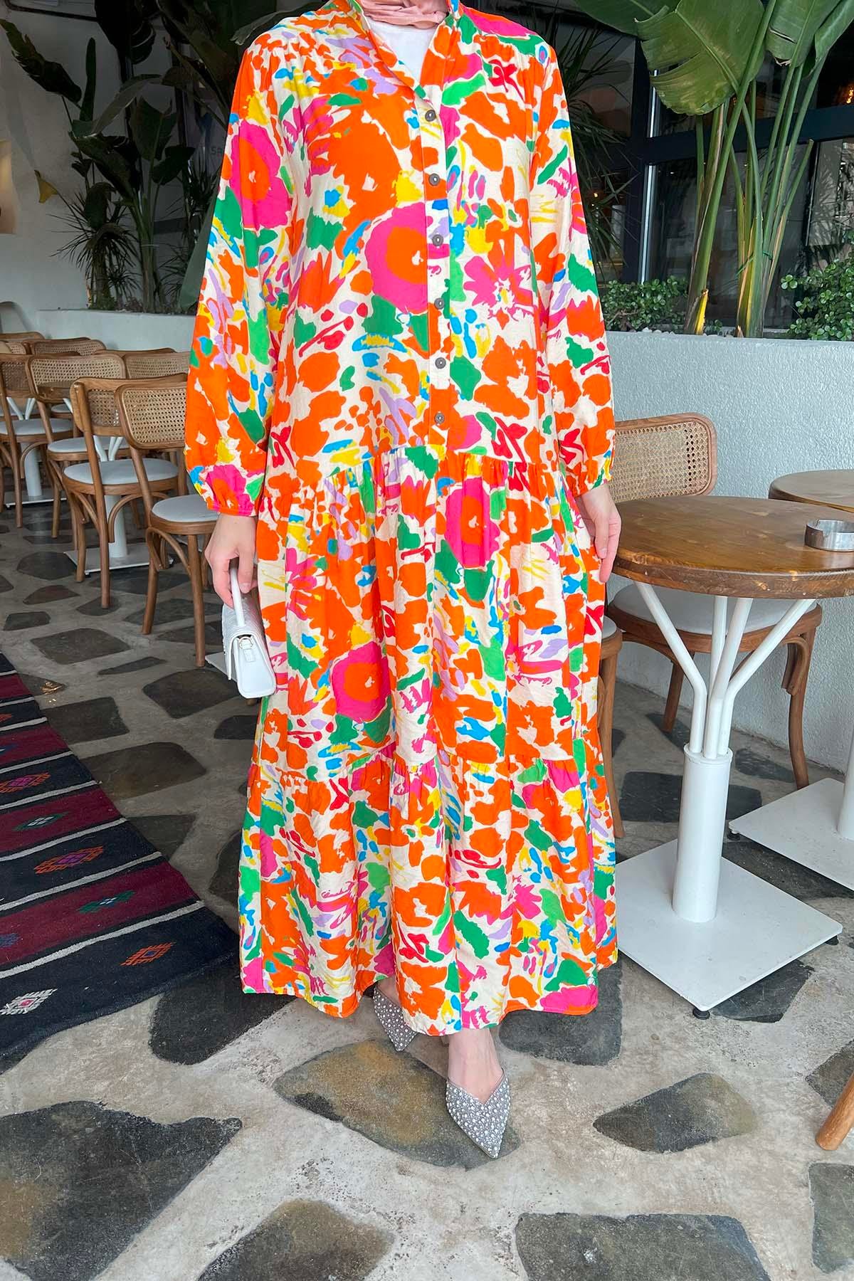 Mango Desen Viskon Elbise Turuncu