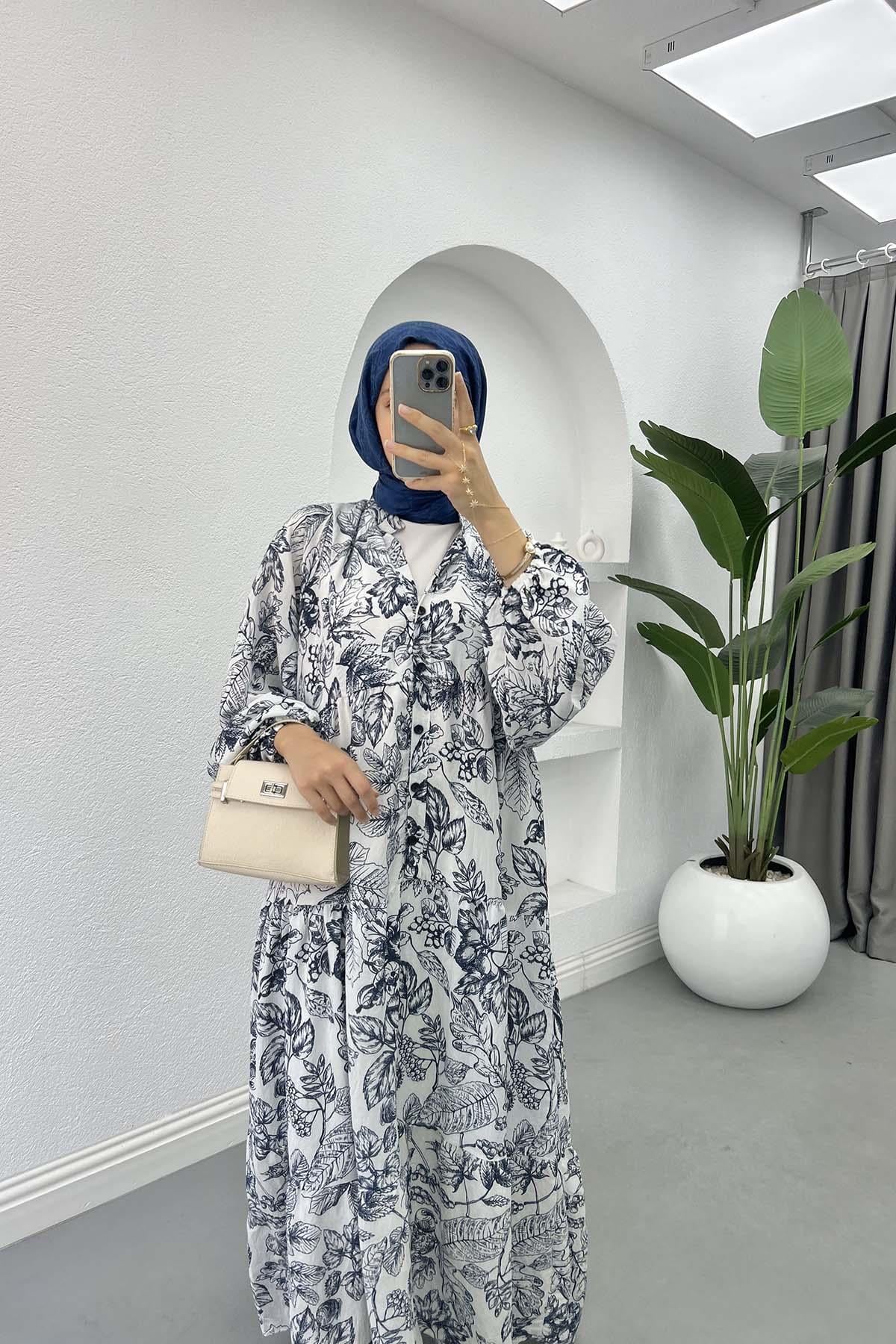 Mango Kumaş Çiçekli Elbise Lacivert