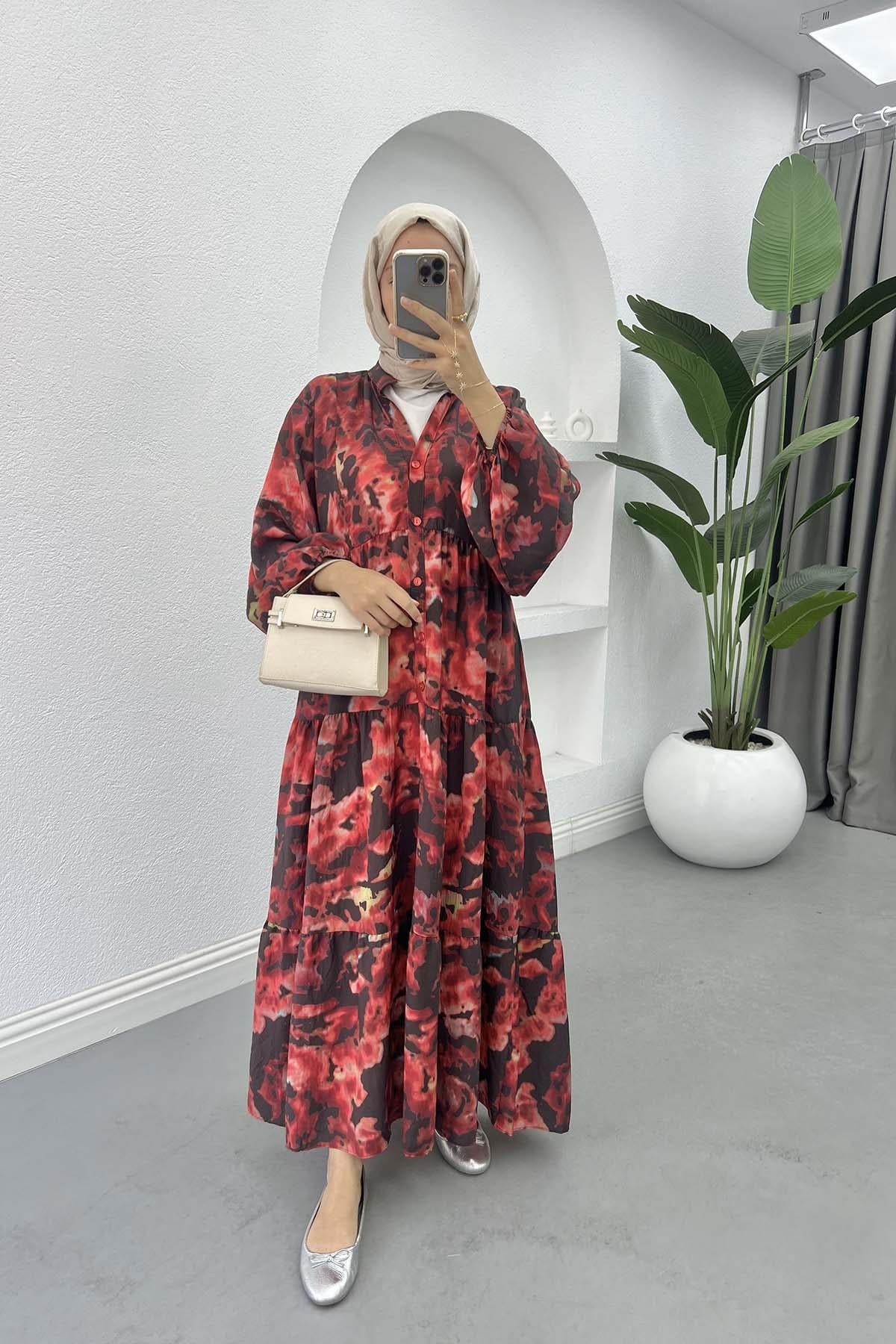 Mango Kumaş Desenli Elbise Bordo