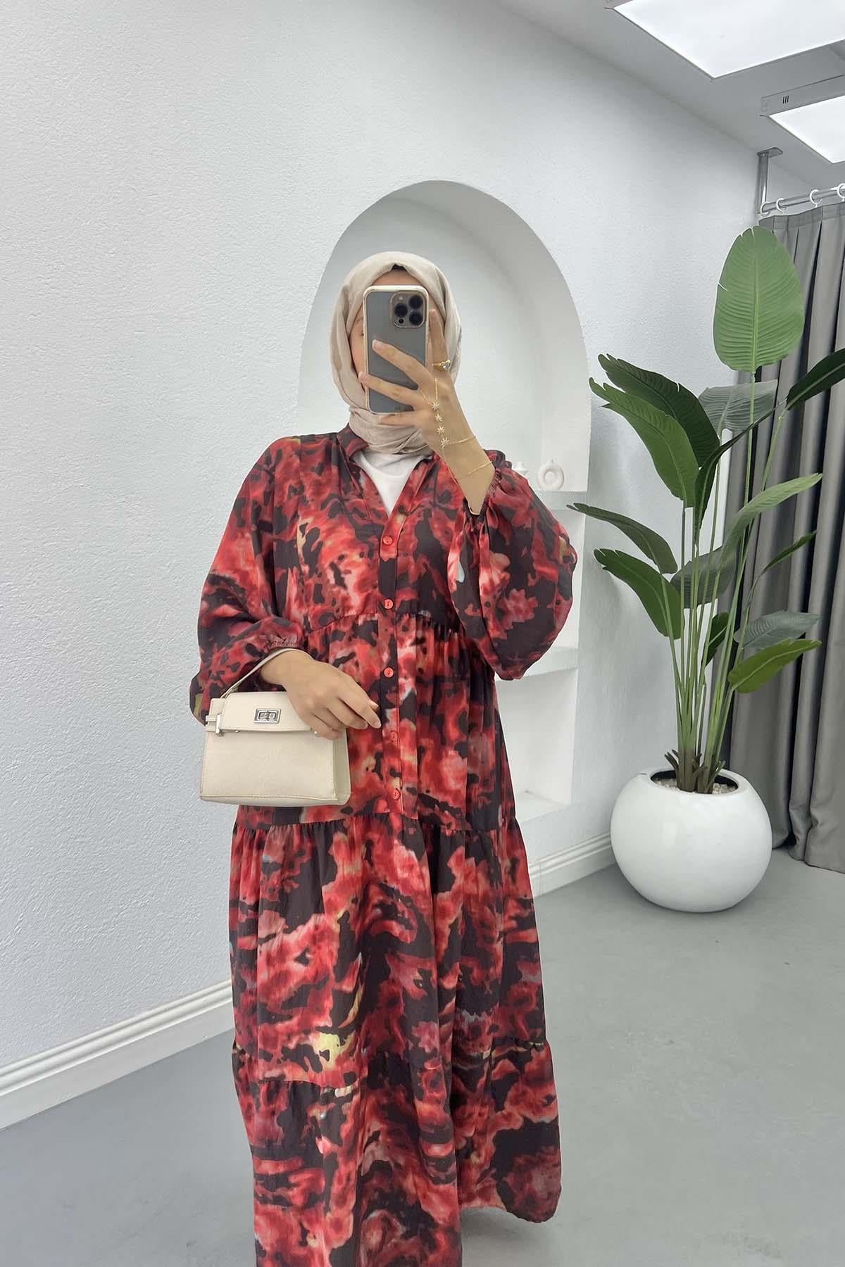 Mango Kumaş Desenli Elbise Bordo