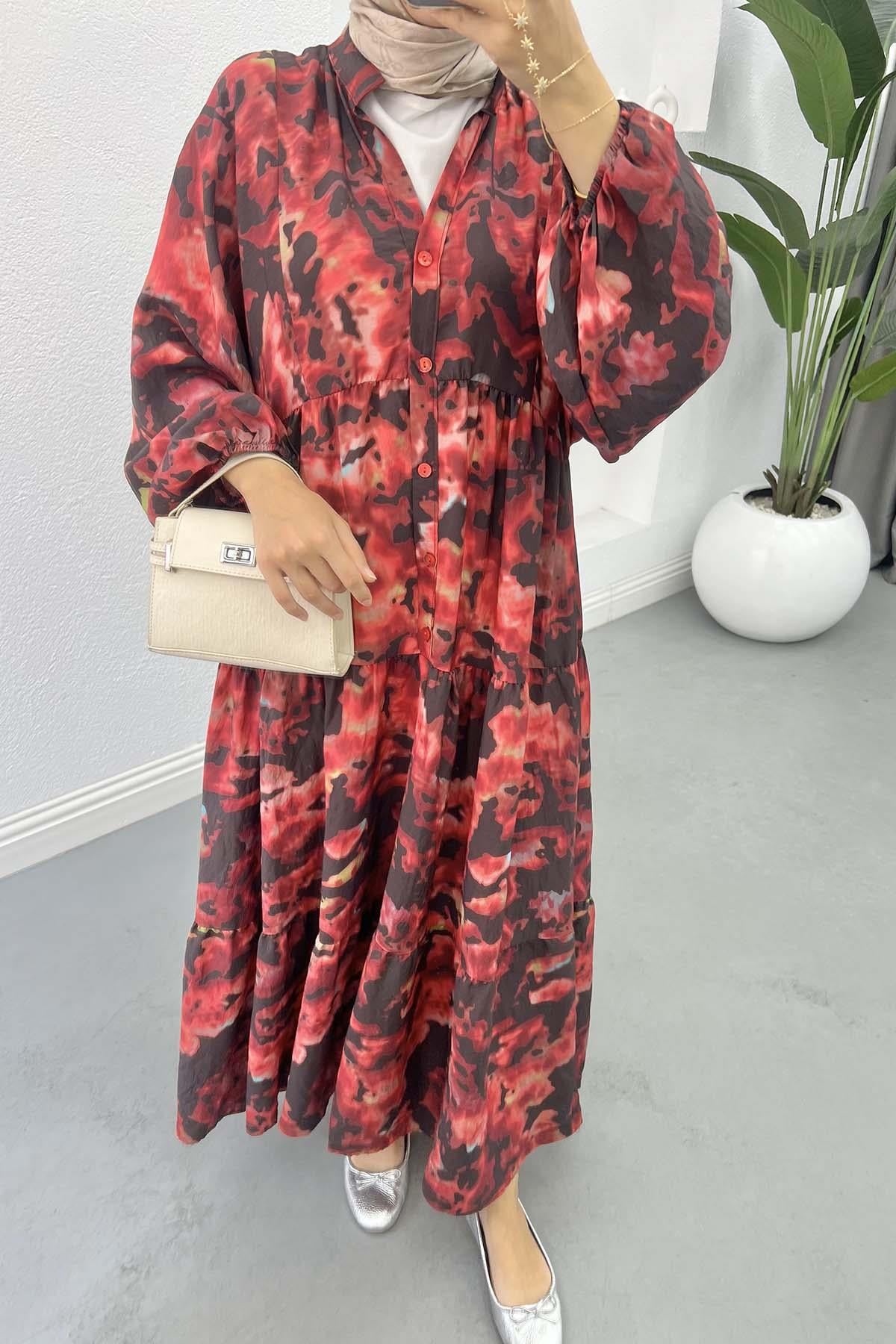 Mango Kumaş Desenli Elbise Bordo