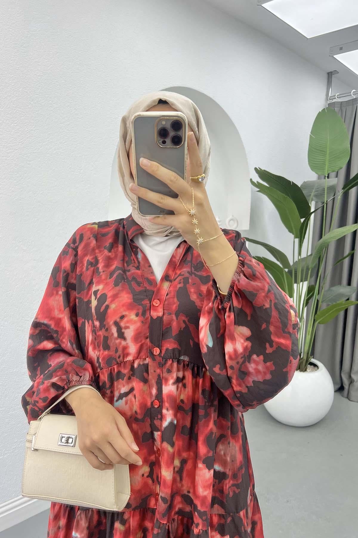 Mango Kumaş Desenli Elbise Bordo