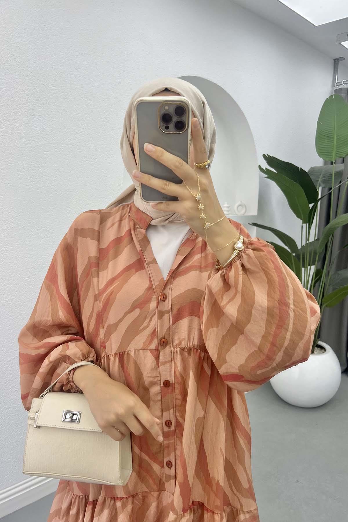Mango Kumaş Desenli Elbise Camel