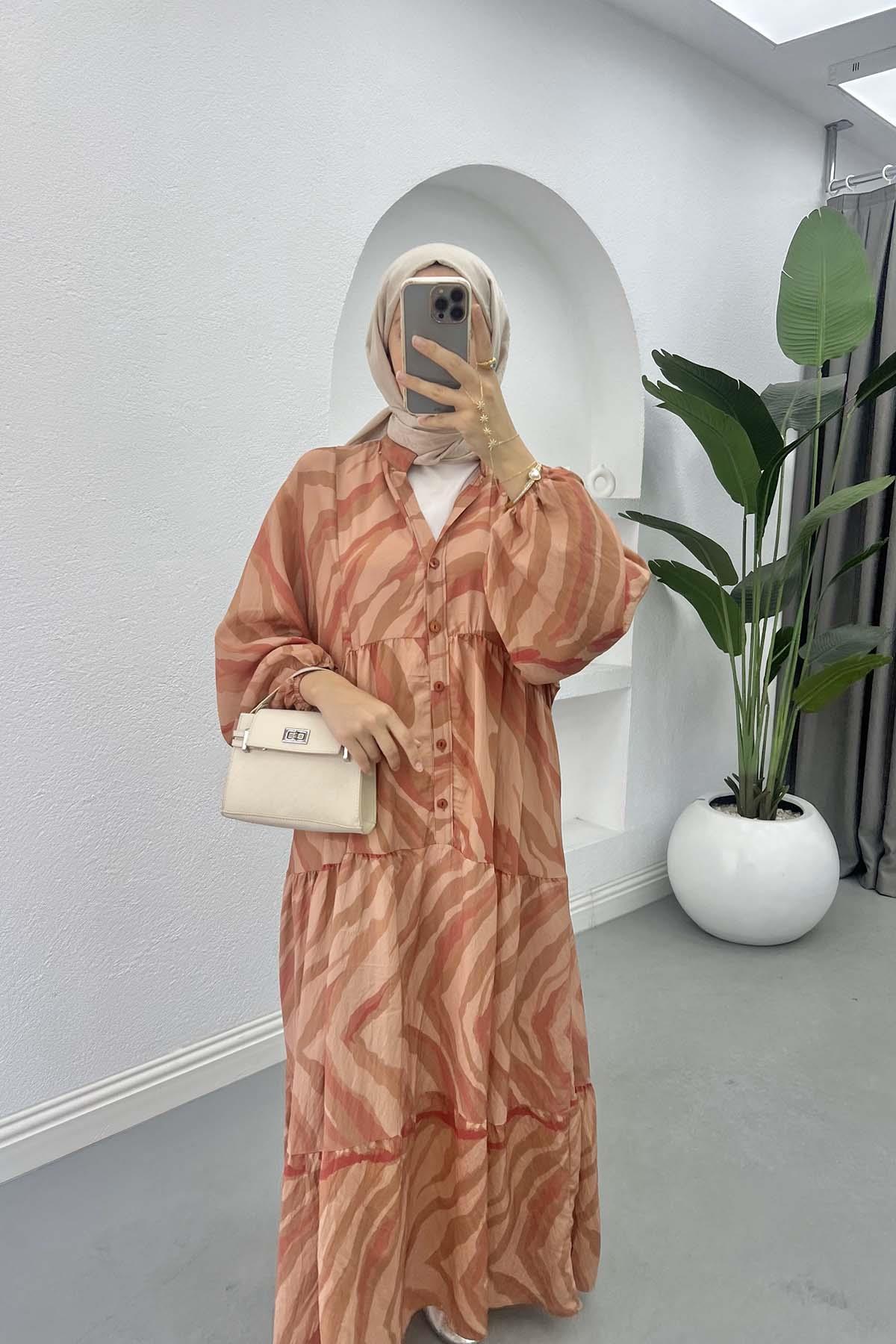 Mango Kumaş Desenli Elbise Camel
