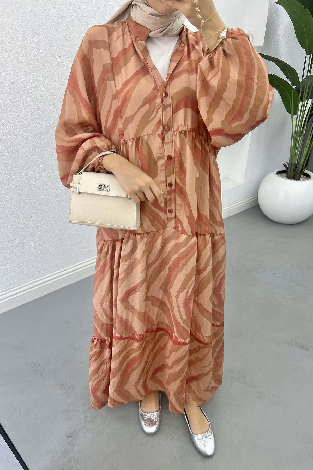 Mango Kumaş Desenli Elbise Camel
