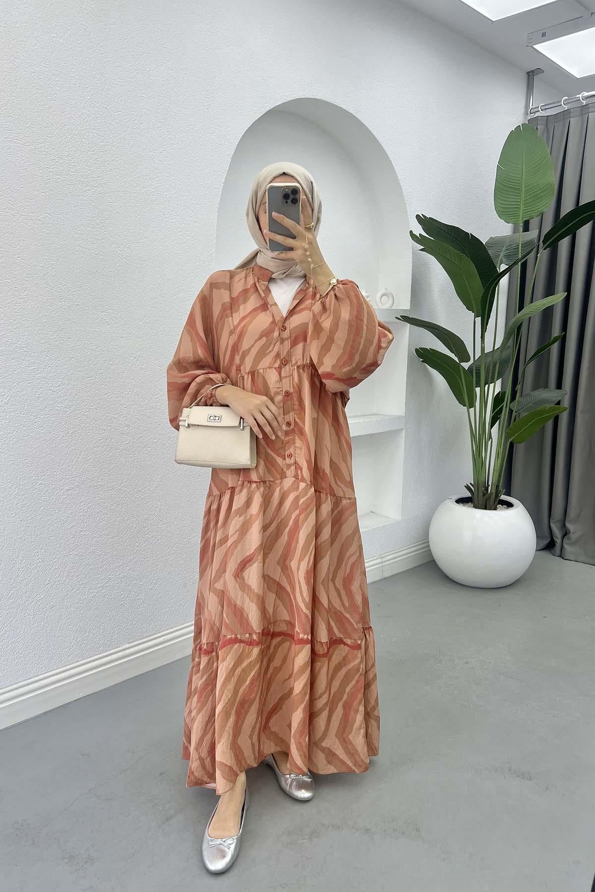 Mango Kumaş Desenli Elbise Camel