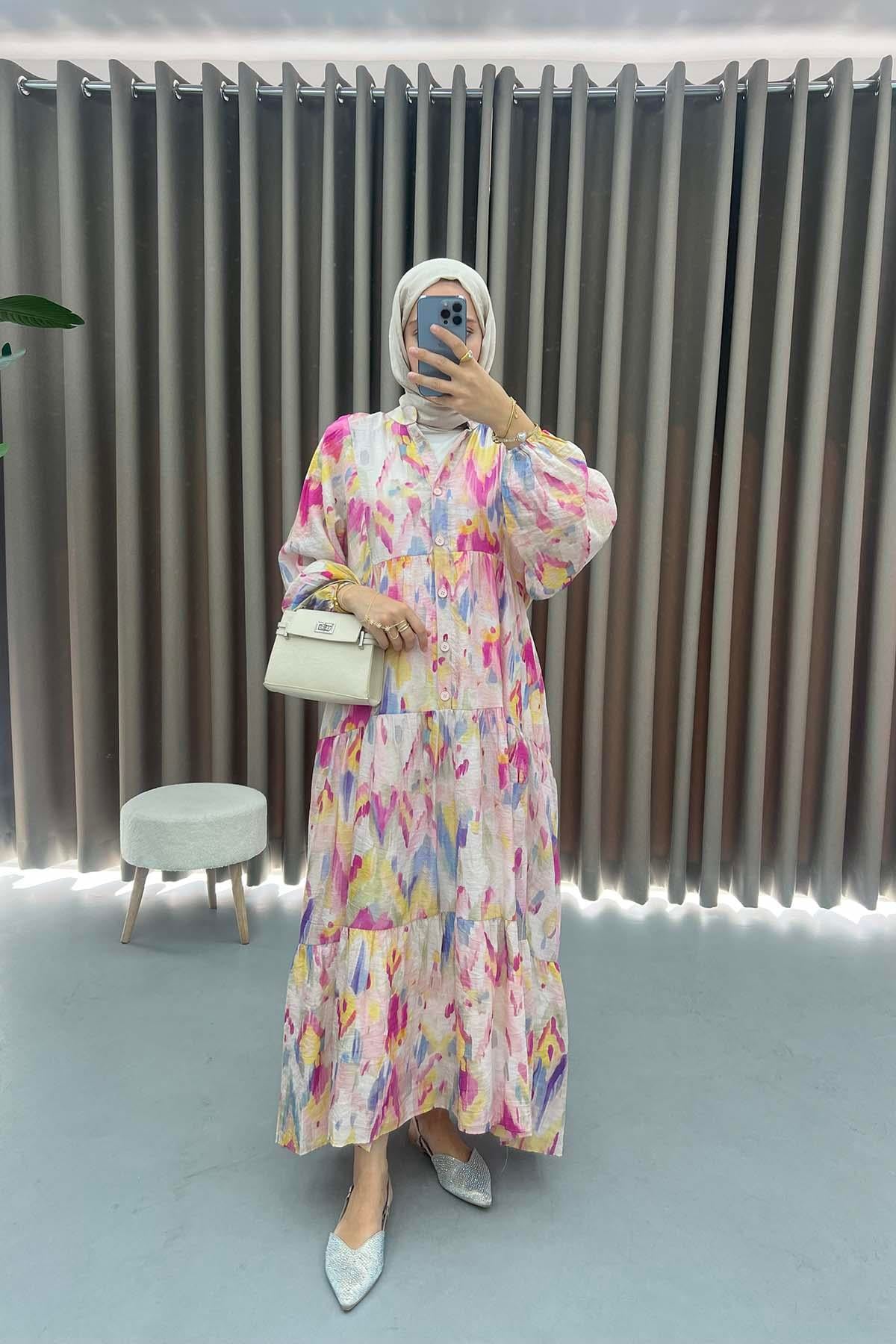 Mango Kumaş Desenli Elbise Fuşya