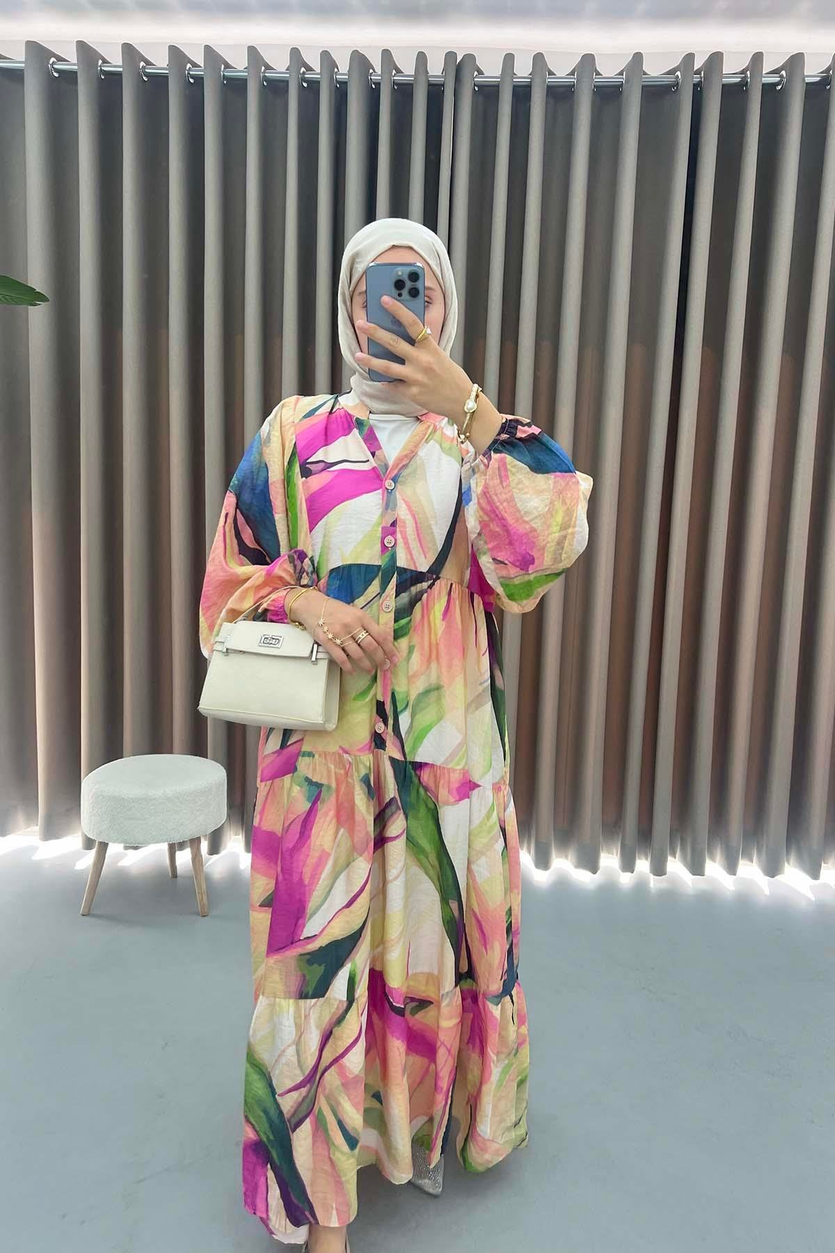 Mango Kumaş Desenli Elbise Fuşya