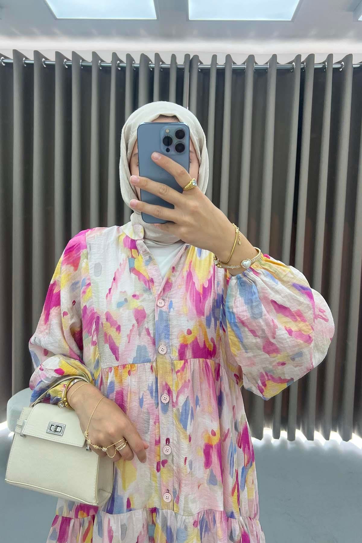 Mango Kumaş Desenli Elbise Fuşya