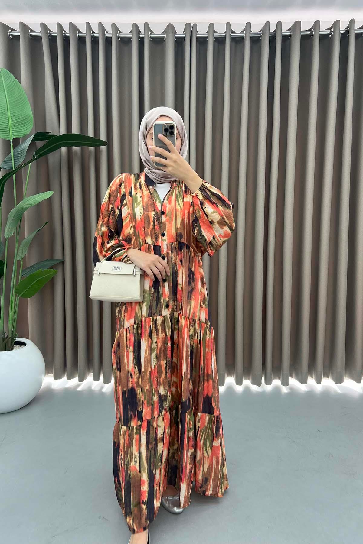 Mango Kumaş Desenli Elbise Haki