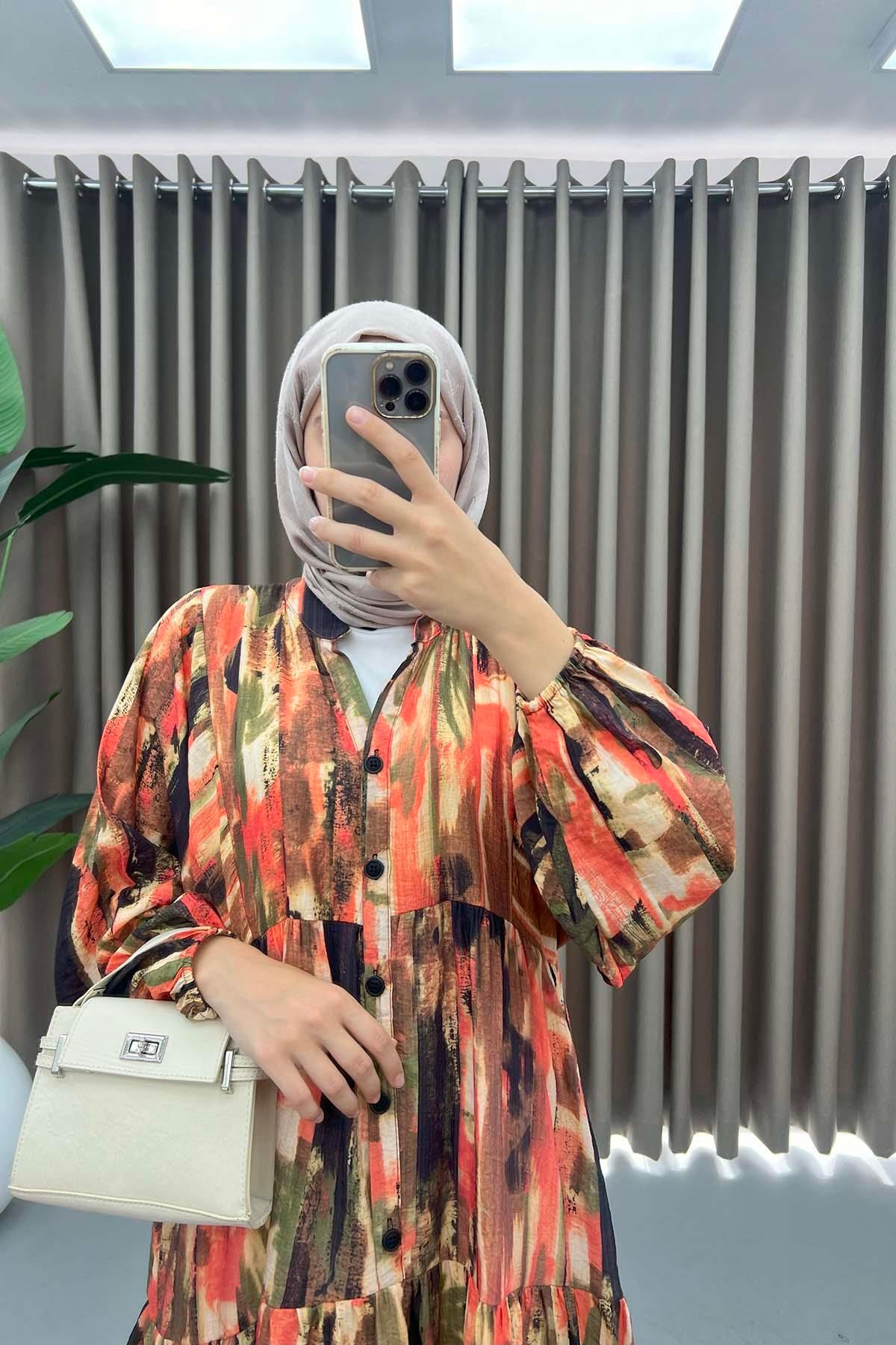 Mango Kumaş Desenli Elbise Haki