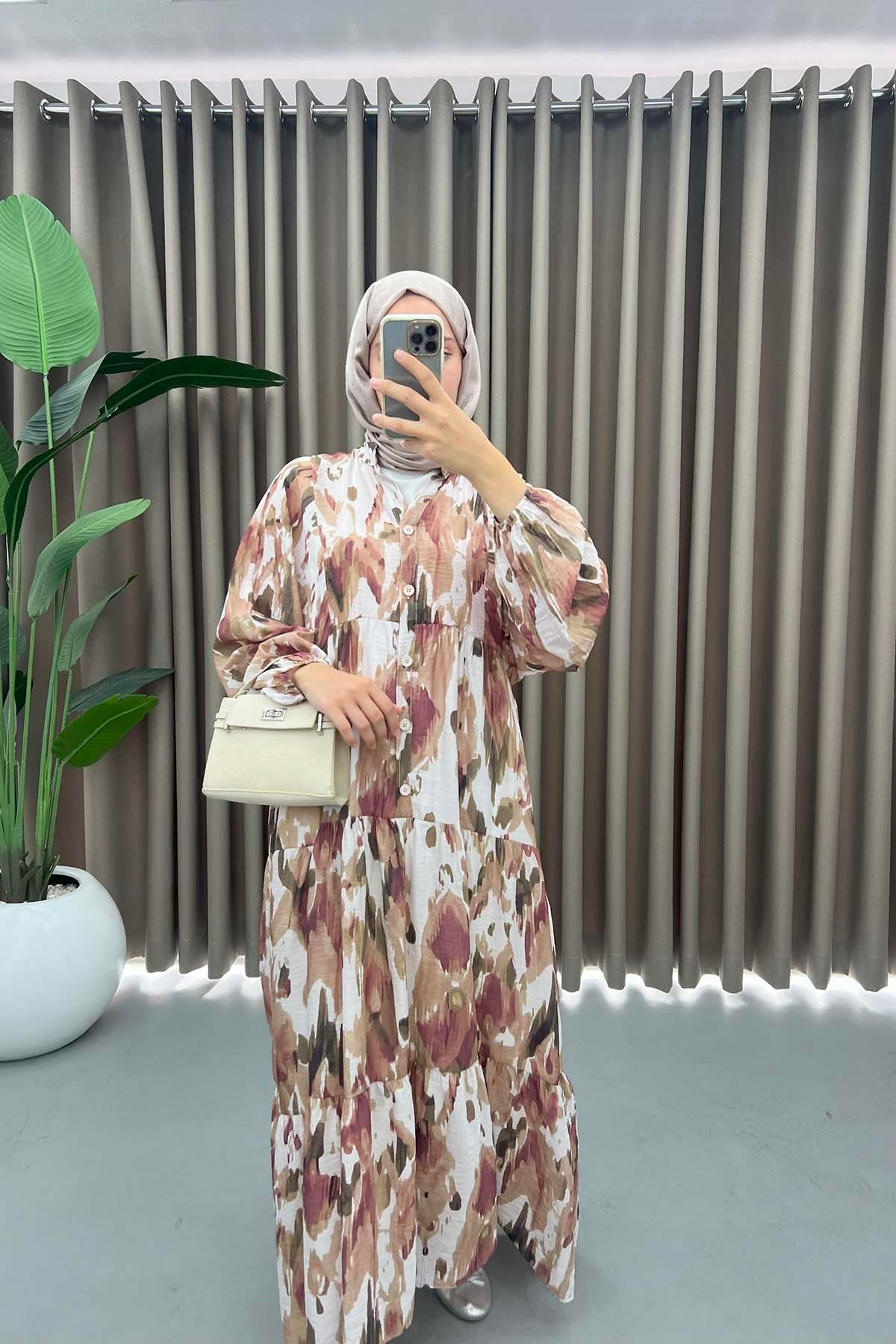 Mango Kumaş Desenli Elbise Kahve
