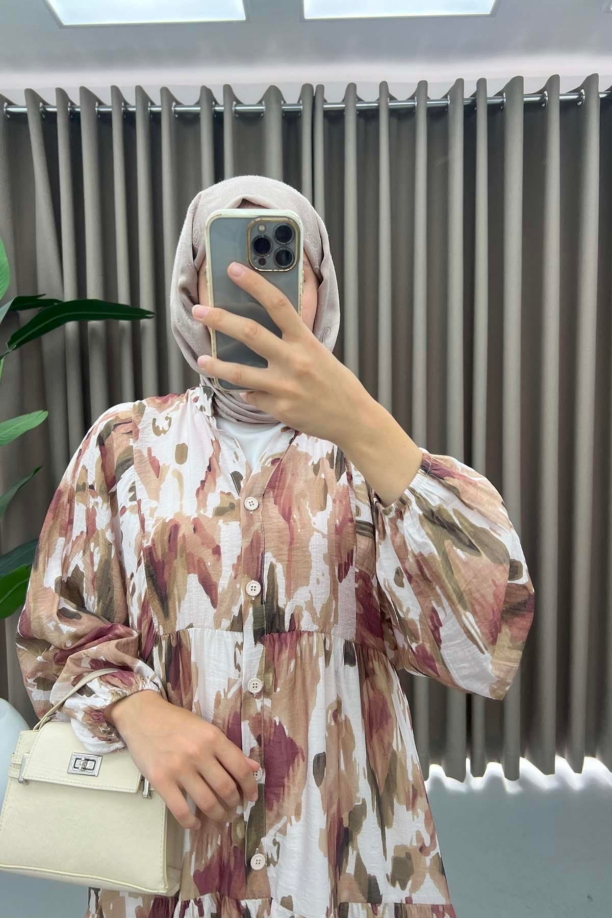 Mango Kumaş Desenli Elbise Kahve